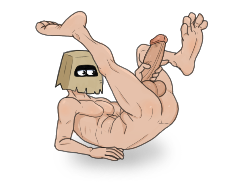 bag_over_head fuckerman holding_penis human laying_down legs_up long_penis male_only masked_only muscular_male toony_face