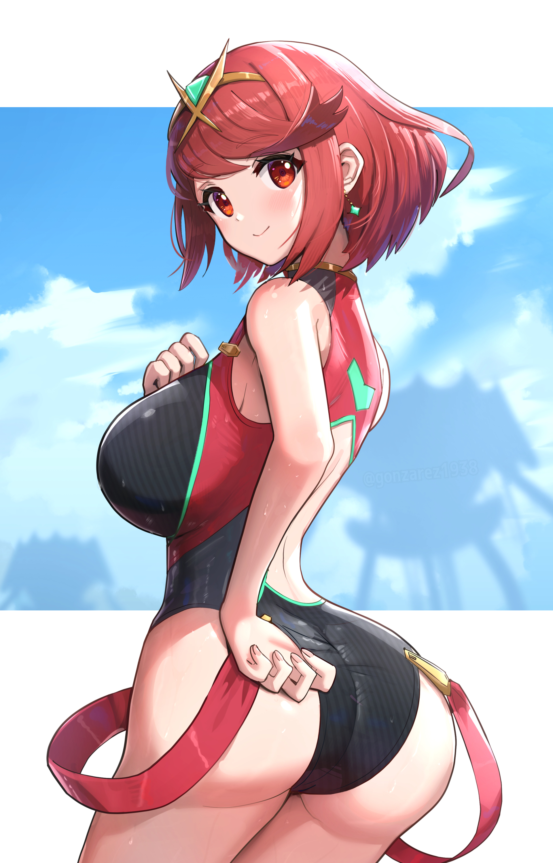 1girls, alternate costume, alternate version available, ass, ass focus, back, back view, backless outfit, bangs, bare arms, bare legs, big ass, big breasts, black swimsuit, blue sky, blush, breasts, bubble ass, bubble butt, competition swimsuit, earrings, female, female focus, female only, gonzarez, hair ornament, hand on hip, hi res, highleg swimsuit, huge ass, huge breasts, jewelry, looking at viewer, looking back, looking over shoulder, nintendo, one-piece swimsuit, outdoors, pyra, reaching back, red eyes, red hair, red swimsuit, short hair, short red hair, sideboob, smile, smiling at viewer, sunlight, suspenders, suspenders hanging, swept bangs, swimsuit, thick thighs, thighs, tiara, wet, wet body, xenoblade (series), xenoblade chronicles 2