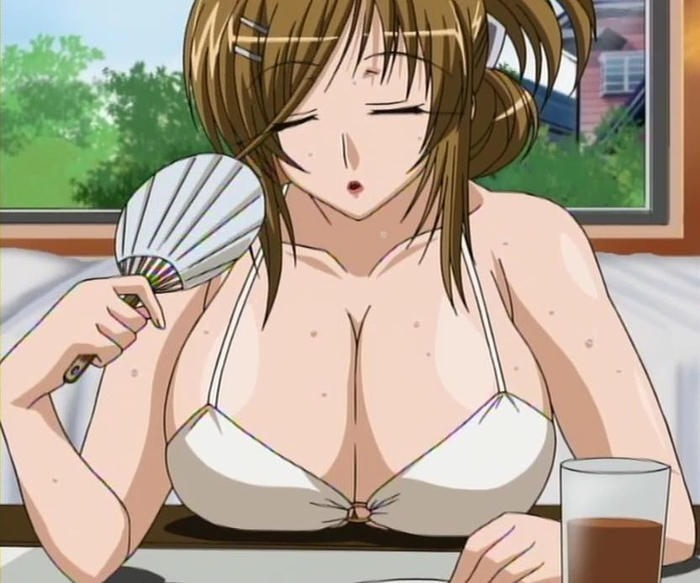 akizuki_sara bikini brown_hair closed_eyes curvy_figure hairclips kateikyoushi_no_onee-san kateikyoushi_no_onee-san_the_animation:_h_no_hensachi_agechaimasu large_breasts lipstick milf paper_fan screenshot sweating swimsuit voluptuous_female