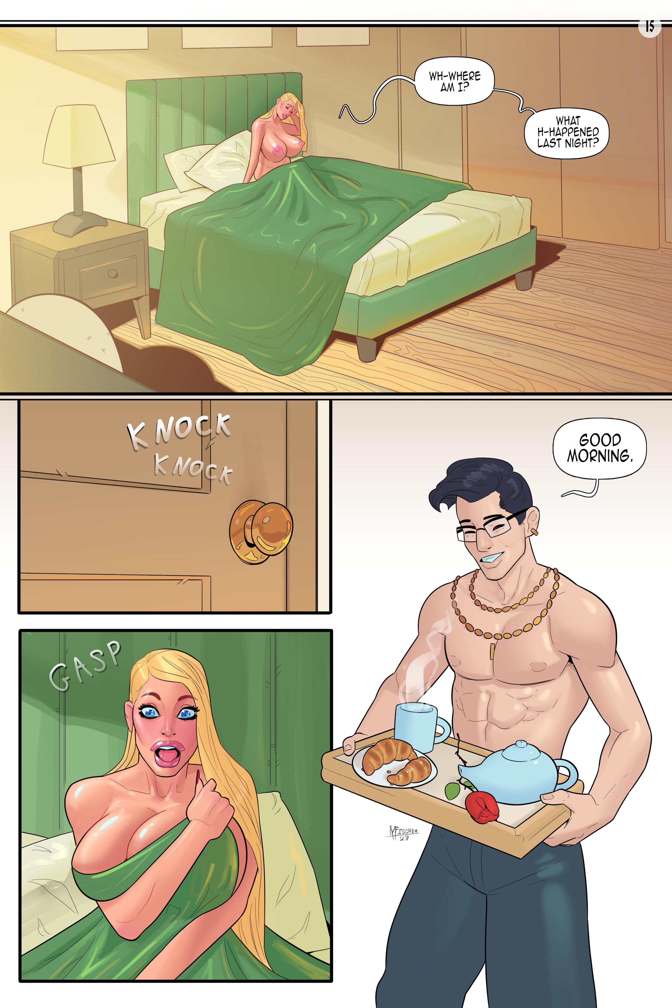 1boy, 1girls, abs, all the best stuff happens in dirty alleys (comic), areolae, athletic, athletic female, athletic male, bed, bedroom, big breasts, black hair, blonde hair, blue eyes, breakfast in bed, breasts, busty, comic, earrings, english text, female, glasses, hourglass figure, huge breasts, large breasts, long hair, male, meinfischer, necklace, nipples, nude, nude female, nudity, oc, original character, page 15, page number, pecs, short hair, speech bubble, topless, waking up, wide hips