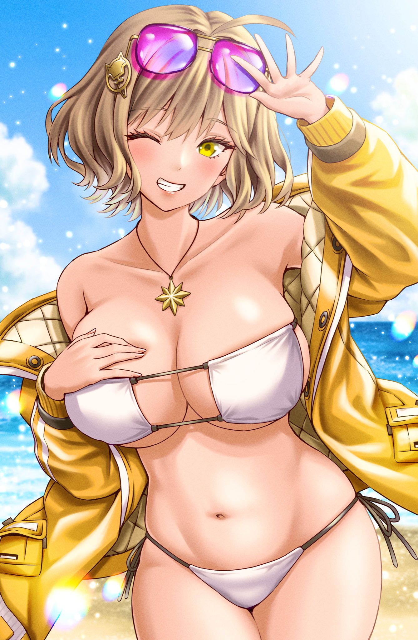 1girls, anis (nikke), anis (sparkling summer) (nikke), beach, belly button, bikini, breasts, clouds, eyepatch bikini, female, female only, goddess of victory: nikke, huge breasts, light skin, light-skinned female, masatoshi 1219, official alternate costume, one eye closed, outside, sand, sky, solo, sunglasses, sunglasses on head, swimsuit, water