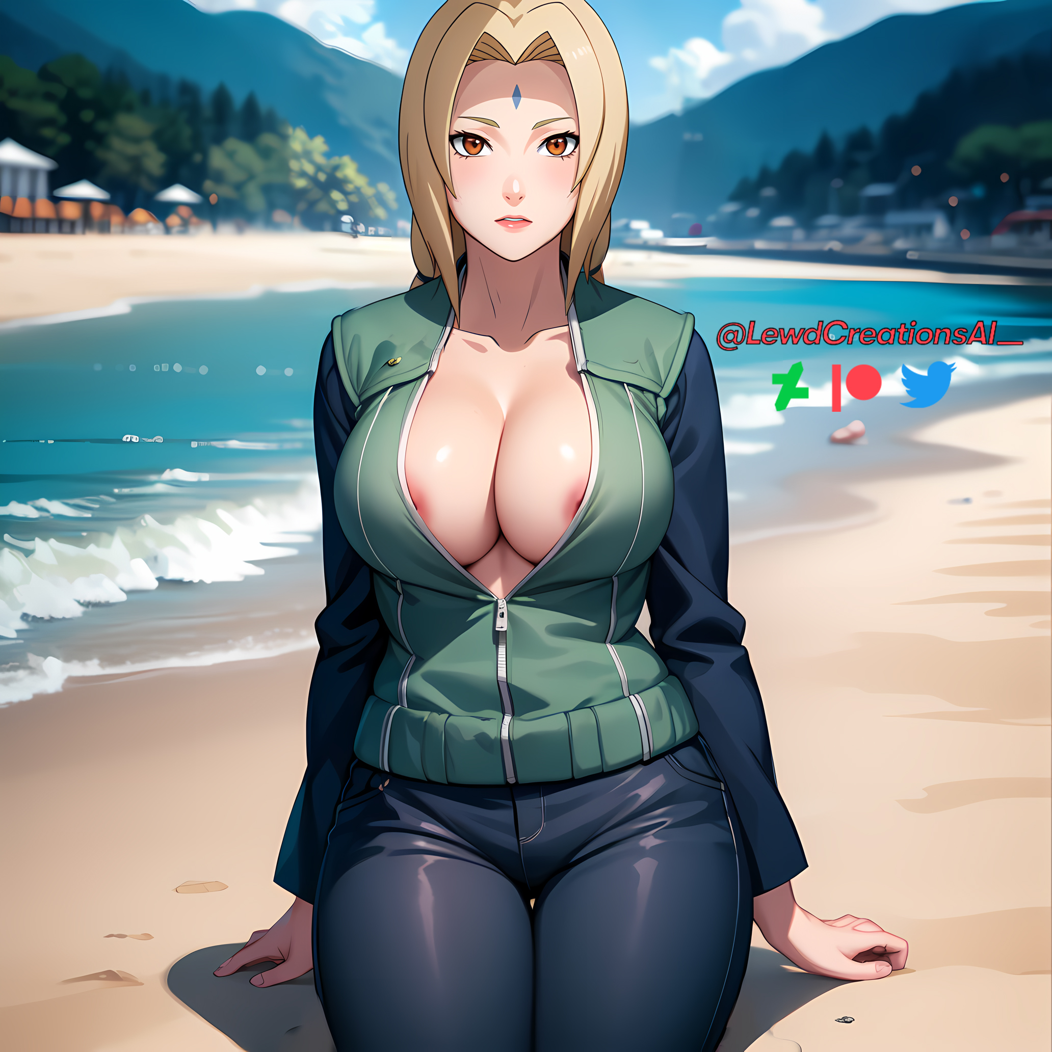 ai generated, beach, big breasts, blonde hair, boruto: naruto next generations, breasts, brown eyes, cleavage, female, forehead jewel, forehead mark, huge breasts, lewdcreationsai, looking at viewer, naruto, naruto (series), naruto shippuden, naruto: the last, nipple bulge, nipple slip, nipples, nipples visible through clothing, outdoors, sitting, smile, stable diffusion, tsunade, vest