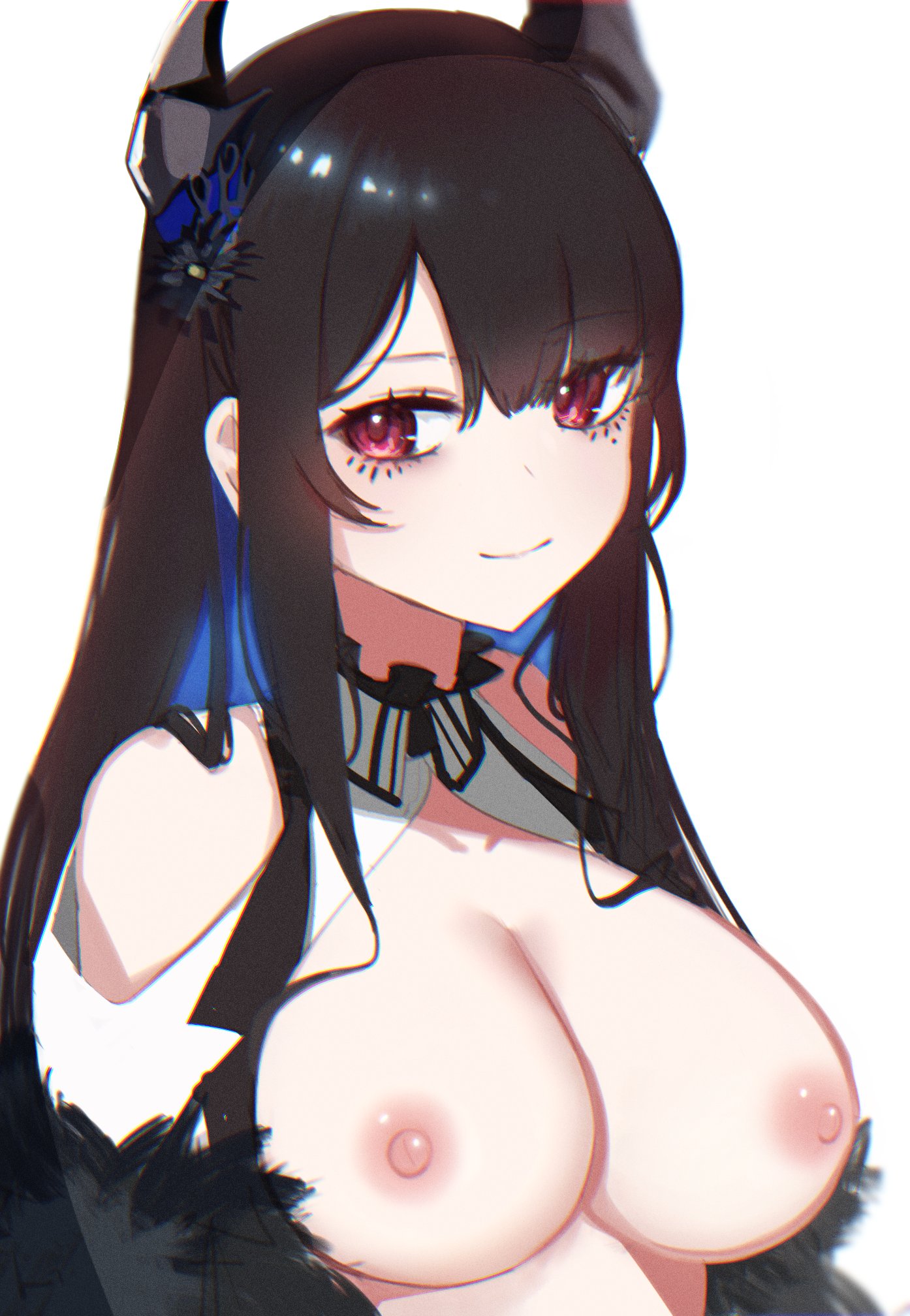 breasts, female, hololive, hololive english, hololive english -advent-, large breasts, nerissa ravencroft, small nipples, smile, upper body, virtual youtuber, white background