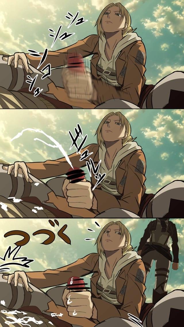 1boy, 1girls, 2d, annie leonhardt, attack on titan, balls, black hair, blush, bouncing breasts, breasts, caught, clitoris, comic, cum on self, dialogue, emotionless, emotionless female, erection, eren jaeger, female, female focus, fully clothed, handjob, large breasts, male, mikasa ackerman, moaning, moaning in pleasure, nipples, no penetration, nude, nude female, penetration, penis, penis in pussy, public, public nudity, public sex, pussy, pussy juice, retro artstyle, reverse cowgirl position, riding, riding penis, scarf, shingeki no kyojin, short hair, sky, text, unseen male face, vaginal penetration