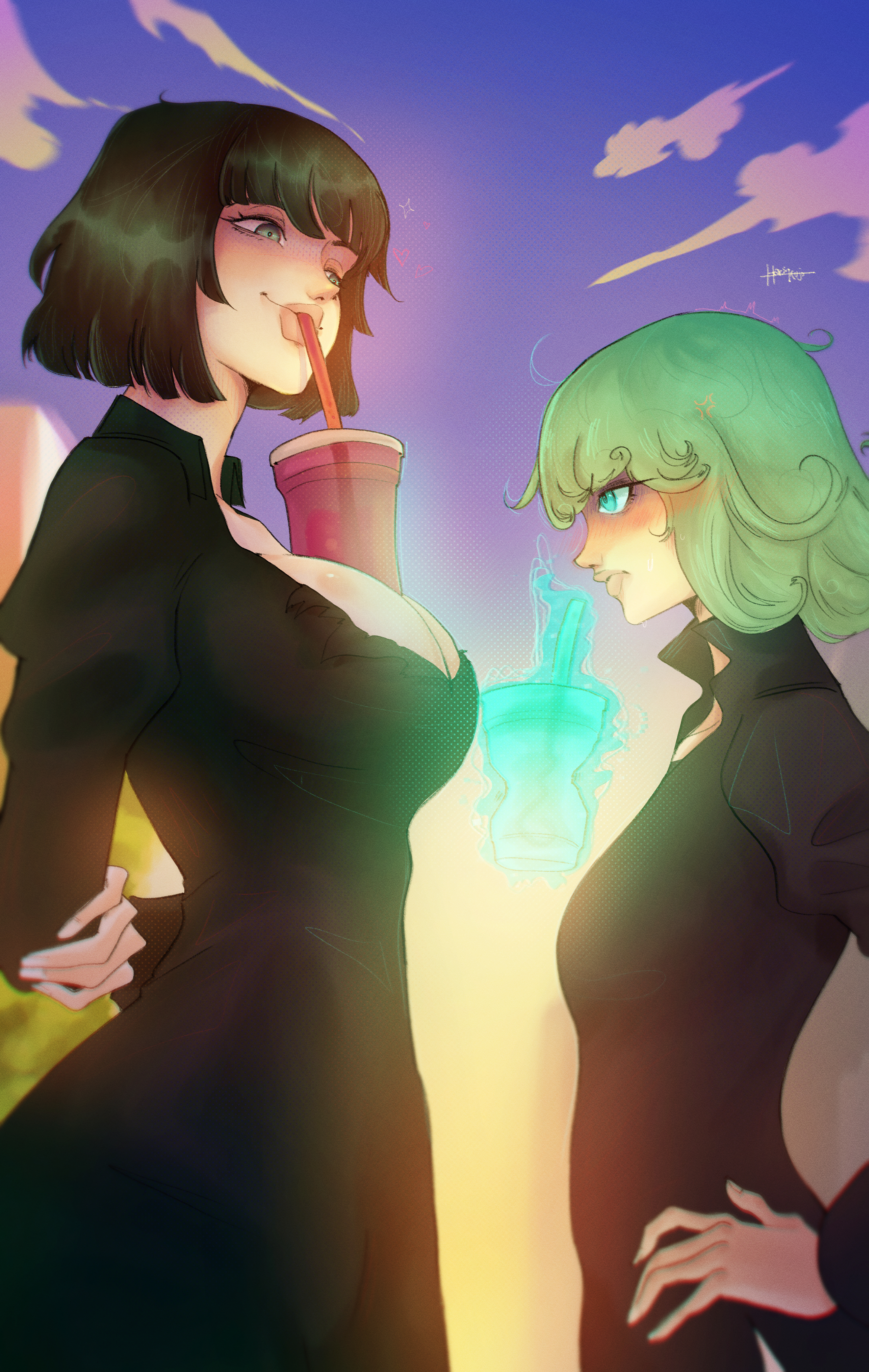 2girls, big breasts, blush, breasts, challenge, comparing, comparing breasts, female, female only, fubuki (one-punch man), green eyes, green hair, multiple females, multiple girls, one-punch man, ripped clothing, small breasts, tagme (artist), tatsumaki
