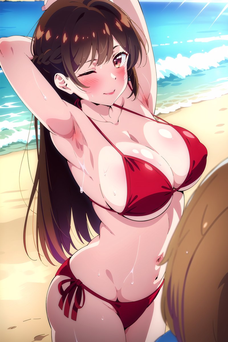 1girls, ai generated, armpits, arms behind head, beach, big breasts, bikini, breasts, brown eyes, brown hair, busty, cleavage, confident, female, female only, kanojo okarishimasu, large breasts, legs, long hair, looking at viewer, mizuhara chizuru, navel, ocean, one eye closed, pink lipstick, pose, posing, red bikini, sensual, sexy armpits, smile, solo, sweat, swimsuit, thighs, voluptuous, water, wink