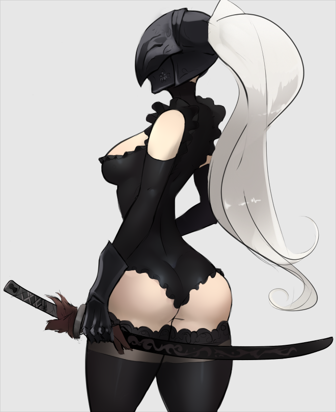 arm_gloves ass black_leotard black_lingerie breasts dark_souls dark_souls_3 female_knight frilled_leotard frills from_behind fromsoftware greaves helmet holding_katana holding_sword holding_weapon katana knight_helmet leotard lingerie masked_female ponytail scas stockings sword viewed_from_behind weapon white_hair yuria_of_londor