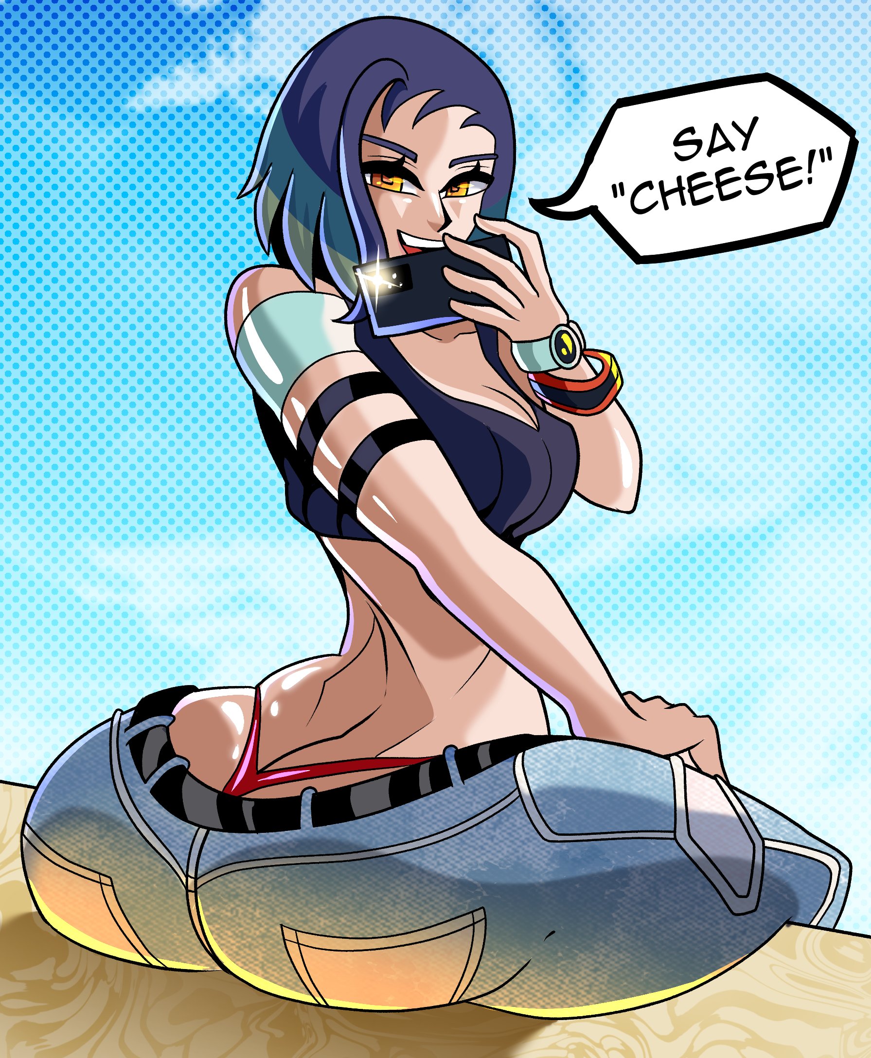 1girls, ass, big ass, blonde hair, blue hair, breasts, brown eyes, command, curvy, dialogue, dual dragon, english text, fat ass, female, female only, from behind, green hair, huge ass, human, jeans, looking at viewer, looking back, multicolored hair, panties, pants pulled down, perrin (pokemon), pokemon, pokemon sv, red panties, selfie, short hair, sideboob, simple background, sitting, smile, solo, text, thick thighs, thin, thin female, three-tone hair, tomboy, wide ass