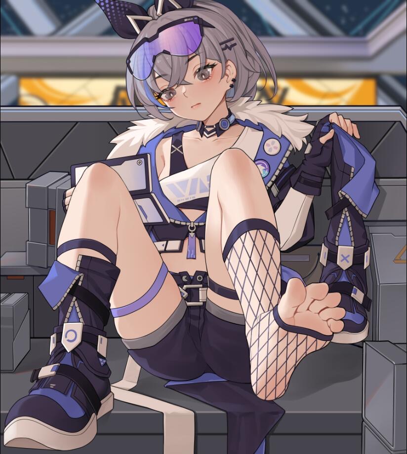 1girls barefoot blush cat_ears eyewear_on_head feet feet_fetish female fishnets foot_fetish foot_focus footwear_fetish high_resolution highres hips honkai:_star_rail honkai_(series) knees legs ponytail red_cheeks shades shoes short shorts silver_eyes silver_hair silver_wolf_(honkai:_star_rail) sitting stockings sunglasses_on_head taking_clothes_off visor waist wolf_ears xssh