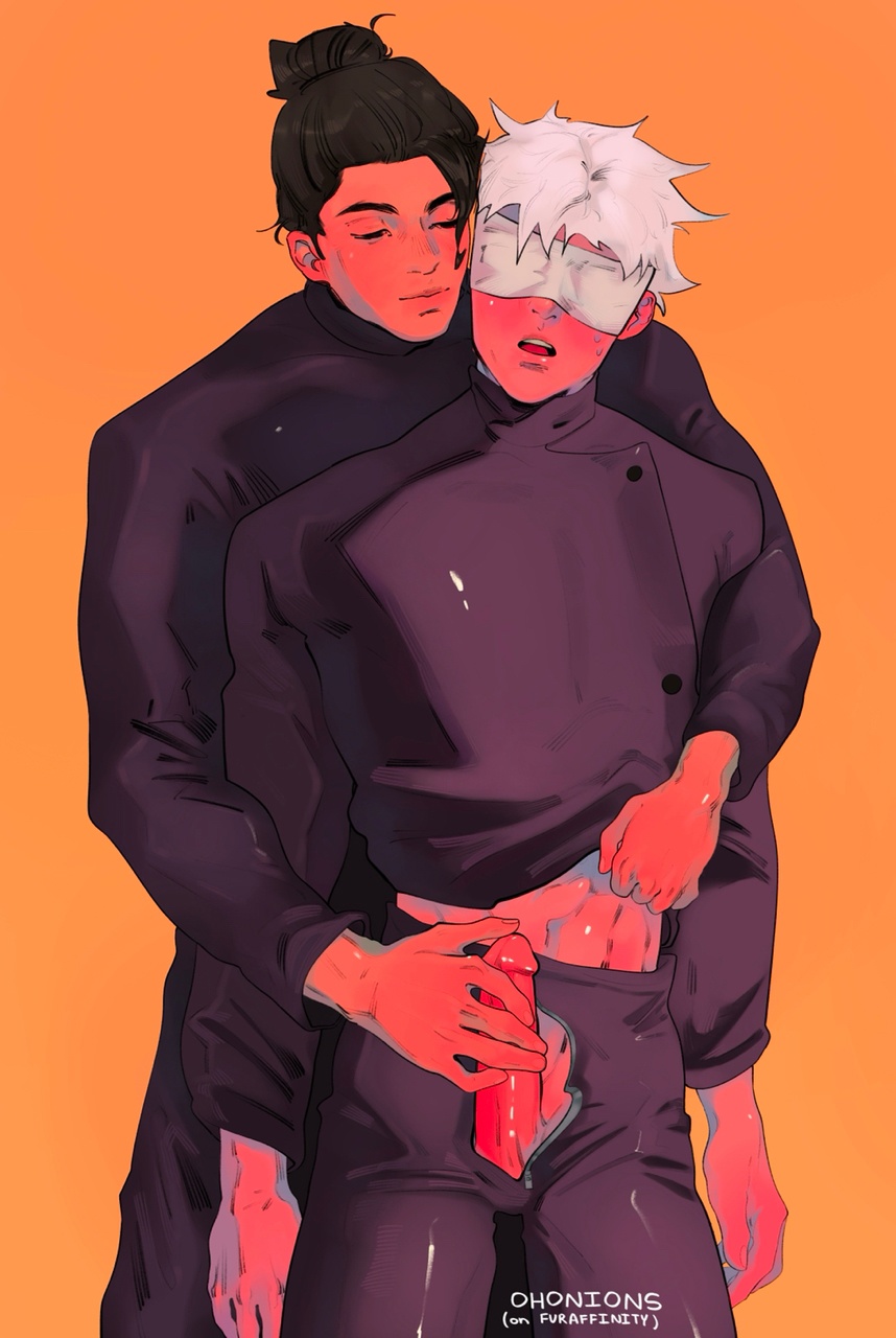 2boys blindfold dick gay gay_male holding_penis jujutsu_kaisen male_focus masturbating masturbation muscular muscular_male ohonions penis penis_out reach_around satoru_gojo suguru_geto teasing white_hair yaoi