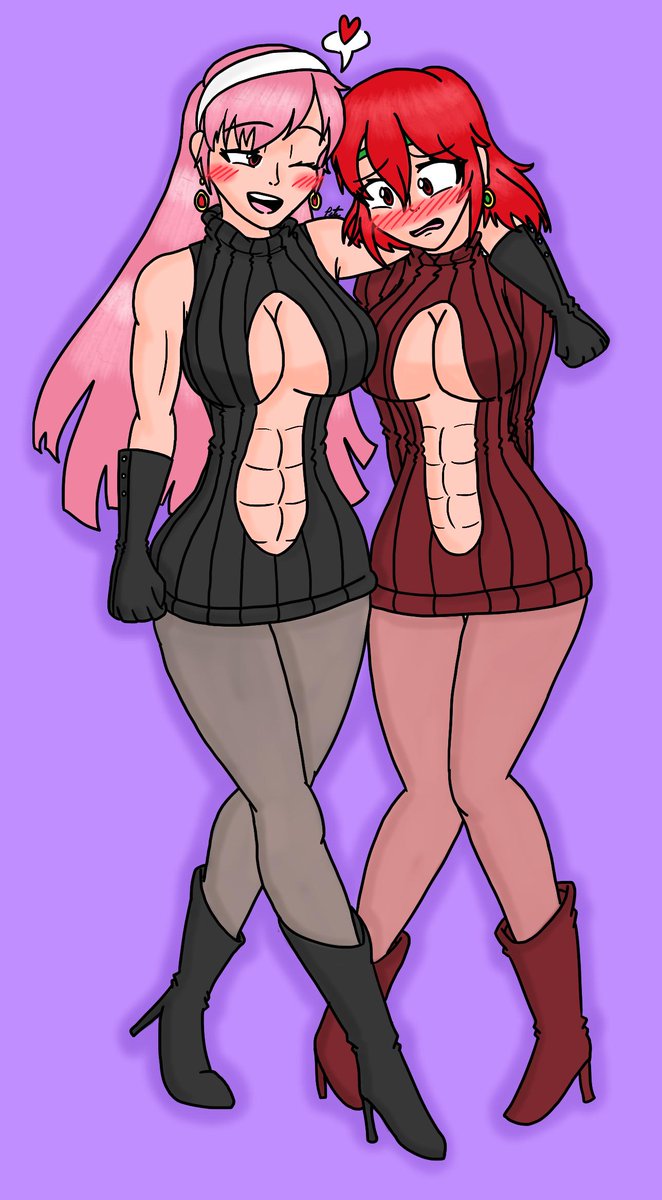 2girls abs abs_cutout big_breasts black_gloves blush buff center_opening cherche_(fire_emblem) clothing_cutout commission earrings embarrassed eyebrows_visible_through_hair female_only fire_emblem fire_emblem:_mystery_of_the_emblem fire_emblem:_new_mystery_of_the_emblem fire_emblem:_shadow_dragon fire_emblem:_shadow_dragon_and_the_blade_of_light fire_emblem_awakening gloves grey_pantyhose hairband hands_behind_back headband heel_boots heeled_boots heels hourglass_figure lavender_background long_hair minerva_(fire_emblem) muscular muscular_female one_eye_closed pantyhose petelavadigger petelewddigger pink_eyes pink_hair pink_pantyhose red_eyes red_hair short_hair simple_background smile smiling sweater turtleneck turtleneck_sweater