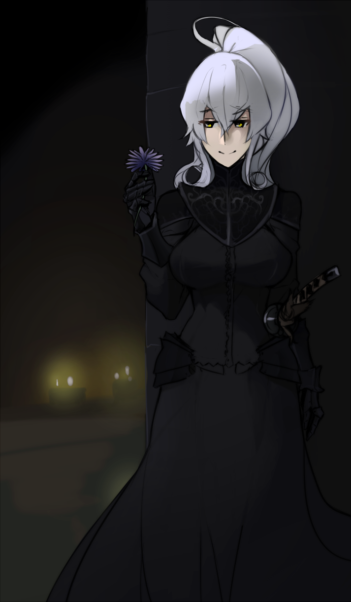 black_dress breasts candle candlelight dark_souls dark_souls_3 fromsoftware holding_flower holding_object katana large_breasts ponytail scas smile smiling sword weapon white_hair yellow_eyes yuria_of_londor