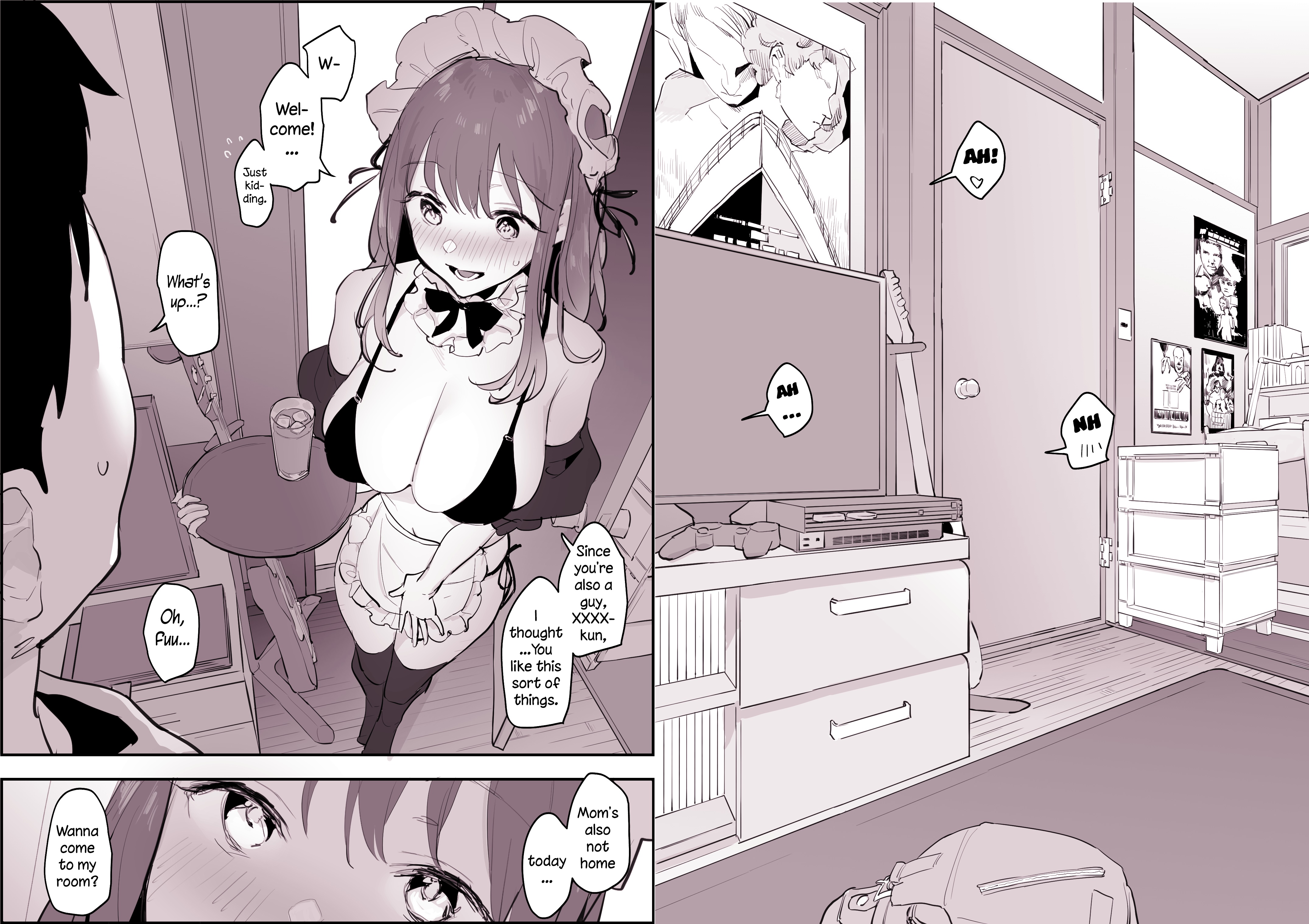 1boy, 1girls, bikini top, blush, breasts, english text, female, imminent sex, implied sex, large breasts, maid, maid headdress, male, offscreen sex, original, original character, poriuretan dayo, spoken heart, translated