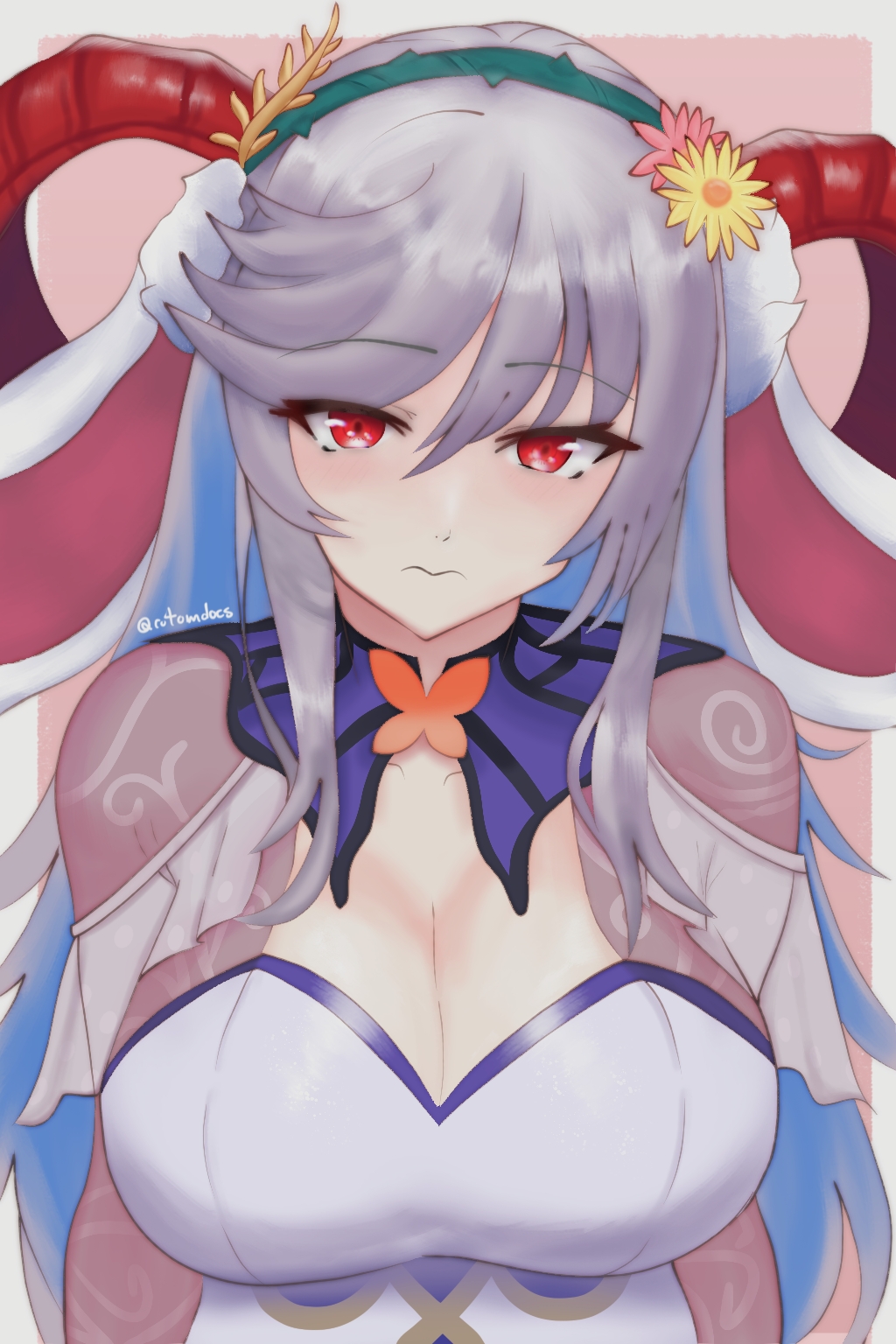 1girls 3: alternate_costume bodystocking breasts bunny_ears bunny_girl bunnysuit cleavage colored_inner_hair easter female female_only fire_emblem fire_emblem_heroes freyja_(fire_emblem) freyja_(spring)_(fire_emblem) grey_hair hair_between_eyes horns large_breasts long_hair looking_at_viewer multicolored_hair nintendo official_alternate_costume red_eyes rotomdocs sad solo very_long_hair wavy_mouth