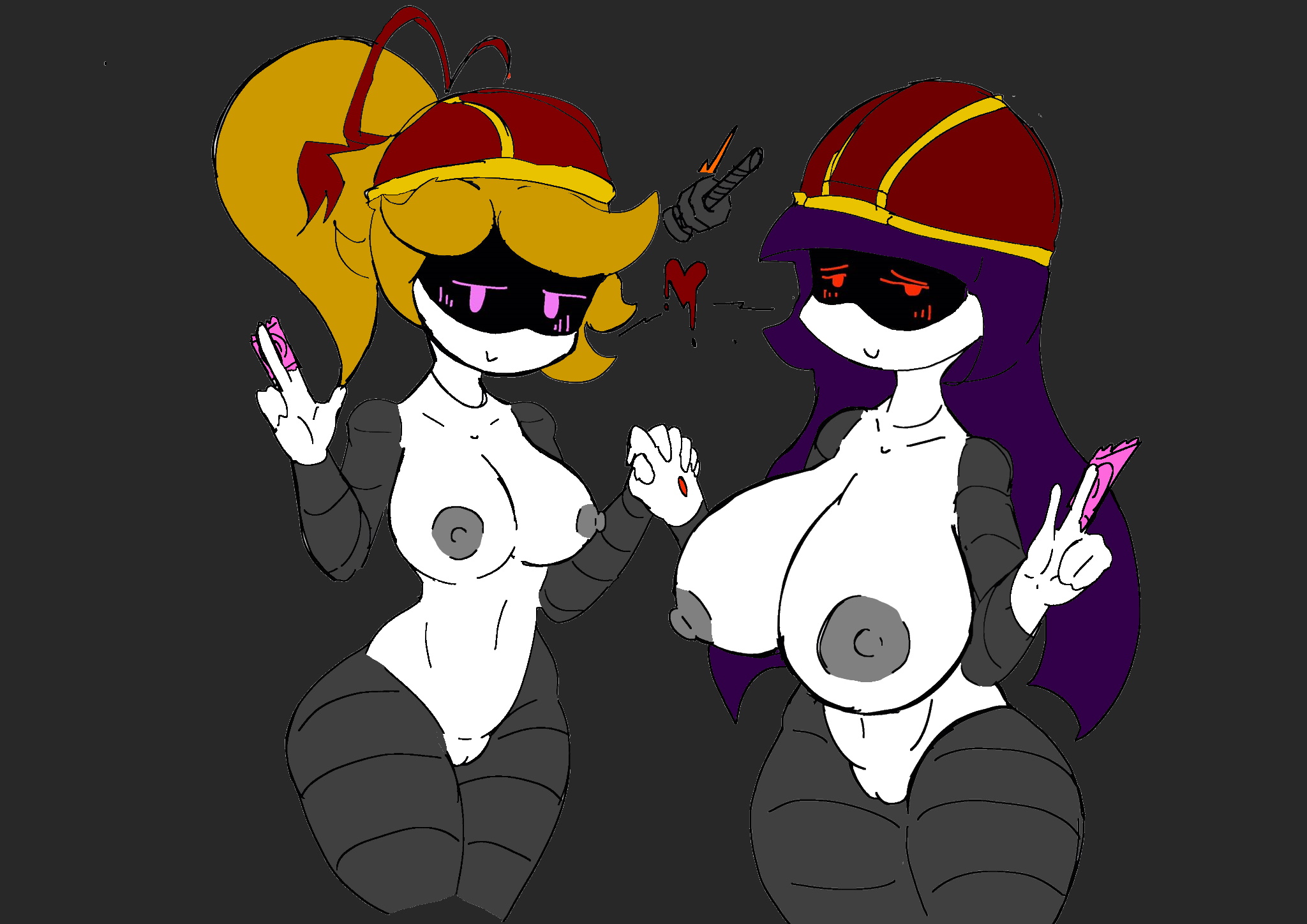 2d, big breasts, blush, breast size difference, breasts, condoms, doll (murder drones), edit, female, female only, ghastlypann, glitch productions, holding hands, huge breasts, humanoid, large breasts, lizzy (murder drones), long hair, looking at viewer, mob face, murder drones, purple hair, red eyes, robot, robot girl, robot humanoid, screen face, seductive, seductive look, wide hips, worker drone