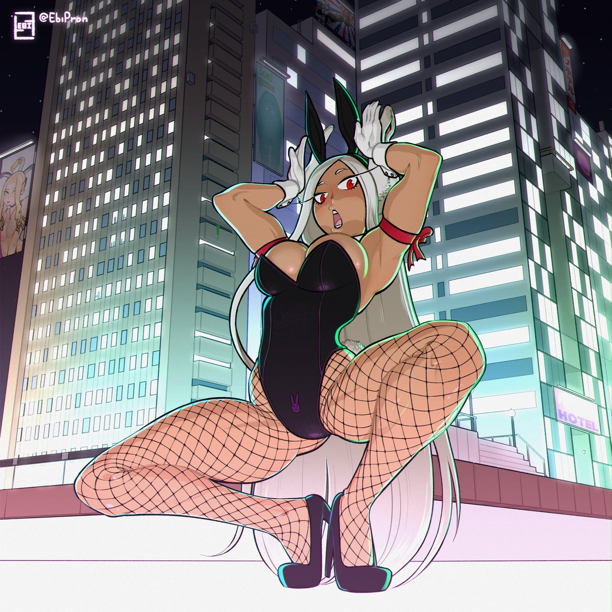 1girls, 2023, alternate costume, animal ears, armpits, arms up, boku no hero academia, breasts, bunny ears, bunny tail, bunnysuit, city, cleavage, ebi77, female, fishnets, gloves, heels, latex, long hair, looking at viewer, miruko, my hero academia, night, outside, red eyes, ribbon, rumi usagiyama, squatting, tagme, tail, tiptoes, twitter username, usagiyama rumi, very long hair, watermark, white hair