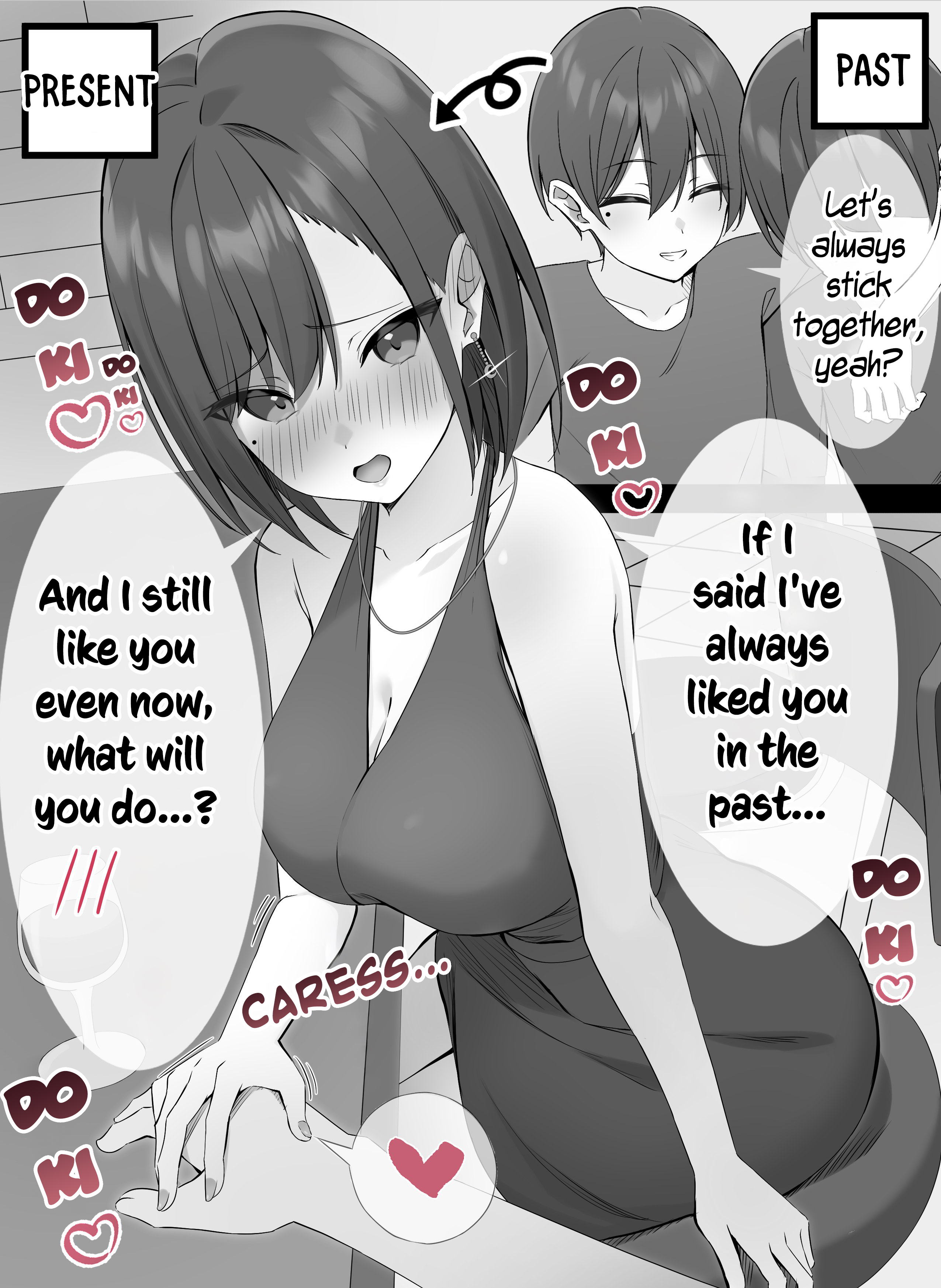 1boy, 1girls, artist request, big breasts, blush, breasts, cleavage, dress, english text, female, heart, imminent sex, male, monochrome, original, original character, translated, wholesome