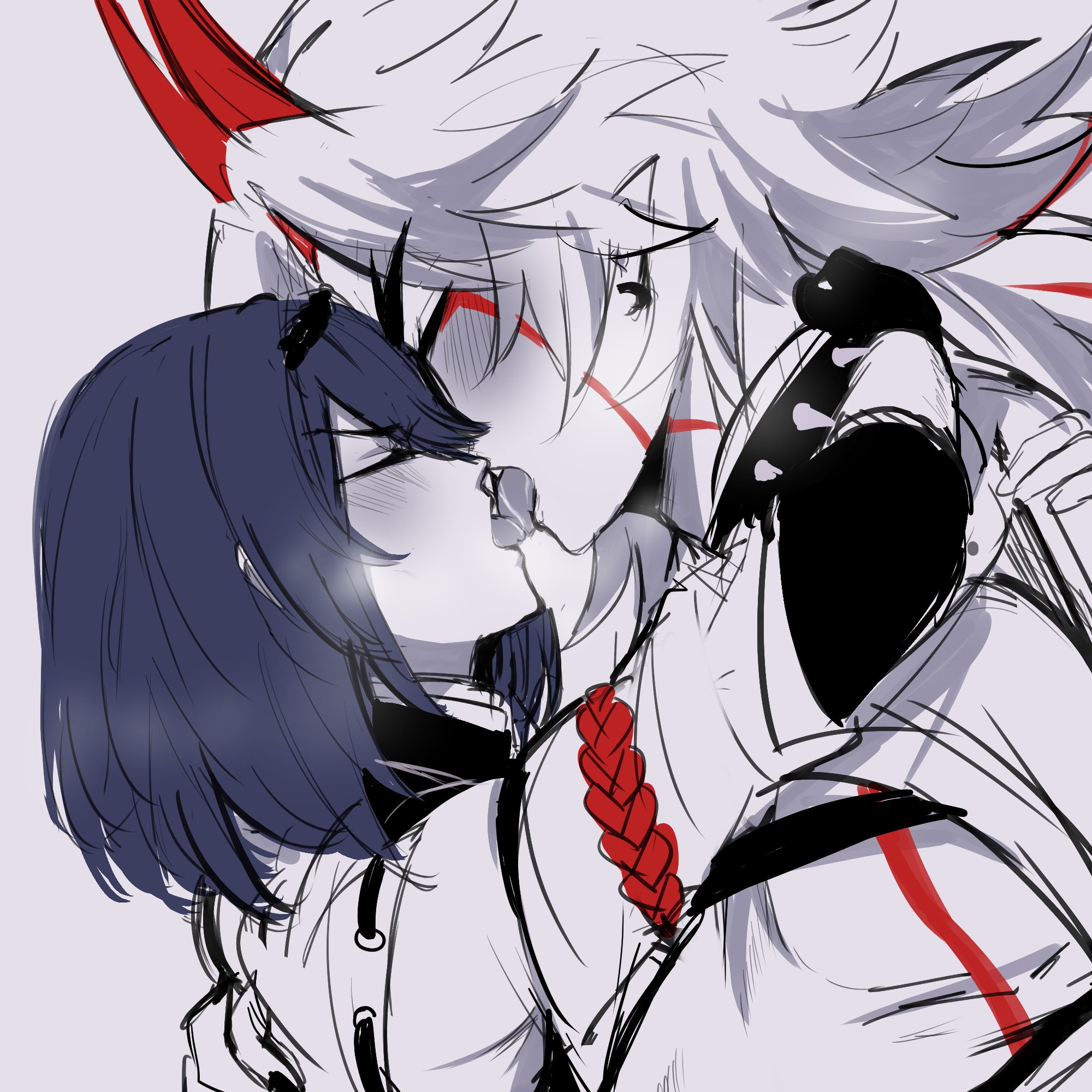 1boy, 1girls, arataki itto, arm around neck, closed eyes, female, french kiss, genshin impact, ittosara, kissing, kujou sara, kurenaiz1, making out, male, male/female, oni horns, passionate, passionate kiss, red horns, straight, tongue, tongue kiss, tongue out, tongue to tongue, tongues touching