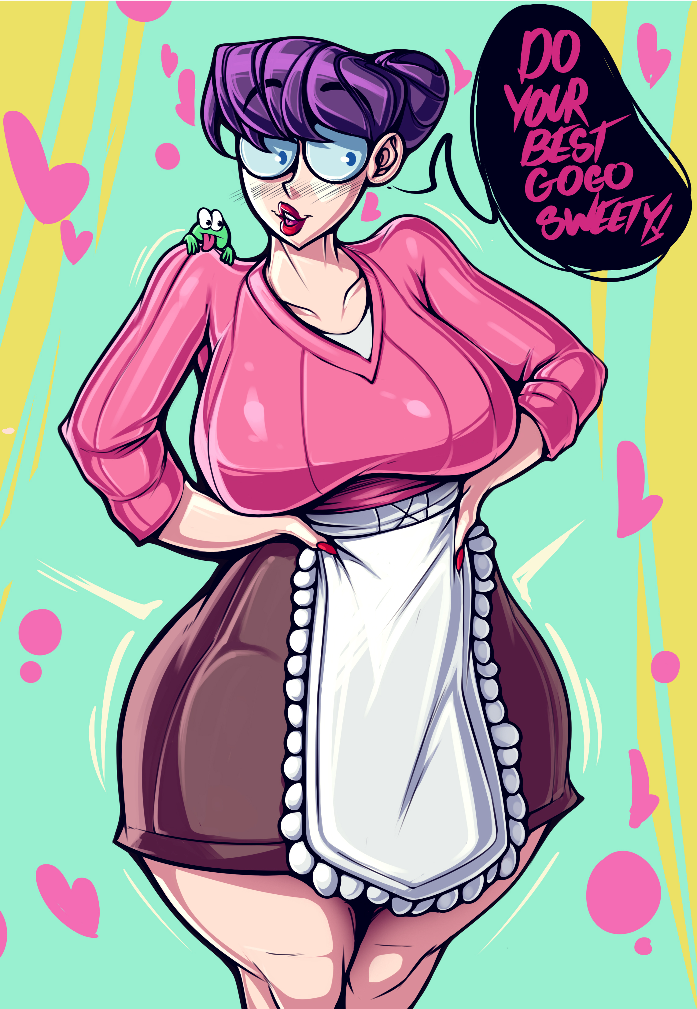 1girls, apron, big breasts, black hair, blush, breasts, d3monone, dialogue, english text, eyebrows visible through hair, female, female only, glasses, hands on hips, heart, looking at viewer, mama matsumoto, milf, punch punch forever!, red lipstick, round glasses, skirt, smiling, smiling at viewer, solo, speech bubble, sweater, talking to viewer, thick thighs, very high resolution, wide hips
