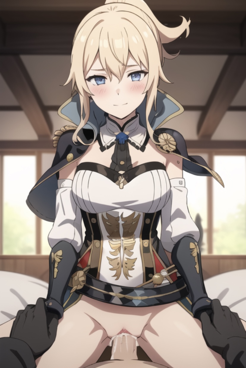 1boy, 1girls, ai generated, blonde hair, blue eyes, blush, breasts, clothed, clothed sex, clothing, cowgirl position, cum, cum in pussy, cum inside, ejaculation, female, genshin impact, handholding, holding hands, hoyoverse, jean gunnhildr, looking at viewer, male, medium breasts, mihoyo, no panties, nopemope26, penetration, penis, penis in pussy, pov, pov crotch, pov eye contact, pussy, pussy ejaculation, pussy juice, smile, smiling, uncensored, vagina, vaginal insertion, vaginal penetration, vaginal sex