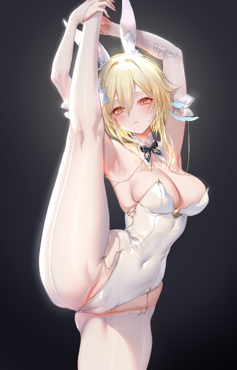 1girls armpits blonde blonde_hair blush blushing blushing_at_viewer bowtie breasts bridal_gloves bunny_ears bunny_girl bunnysuit cameltoe female flexible genshin_impact leg_lift leg_up legs_up lumine_(genshin_impact) mihoyo pottsness raised_leg standing_on_one_leg standing_split tagme thick_thighs white_bunnysuit yellow_eyes