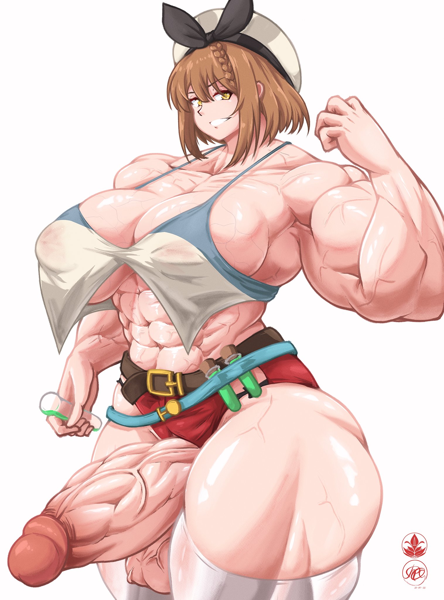 1futa, abs, atelier (series), atelier ryza, balls, breasts, clothed, clothing, erection, extreme muscles, flexing bicep, futa only, futanari, huge breasts, huge cock, human, intersex, light skin, light-skinned futa, long hair, mostly nude, muscle growth, muscles, muscular, muscular futa, penis, potion, reisalin stout, roneesan, short hair, solo, standing, thick thighs, underboob