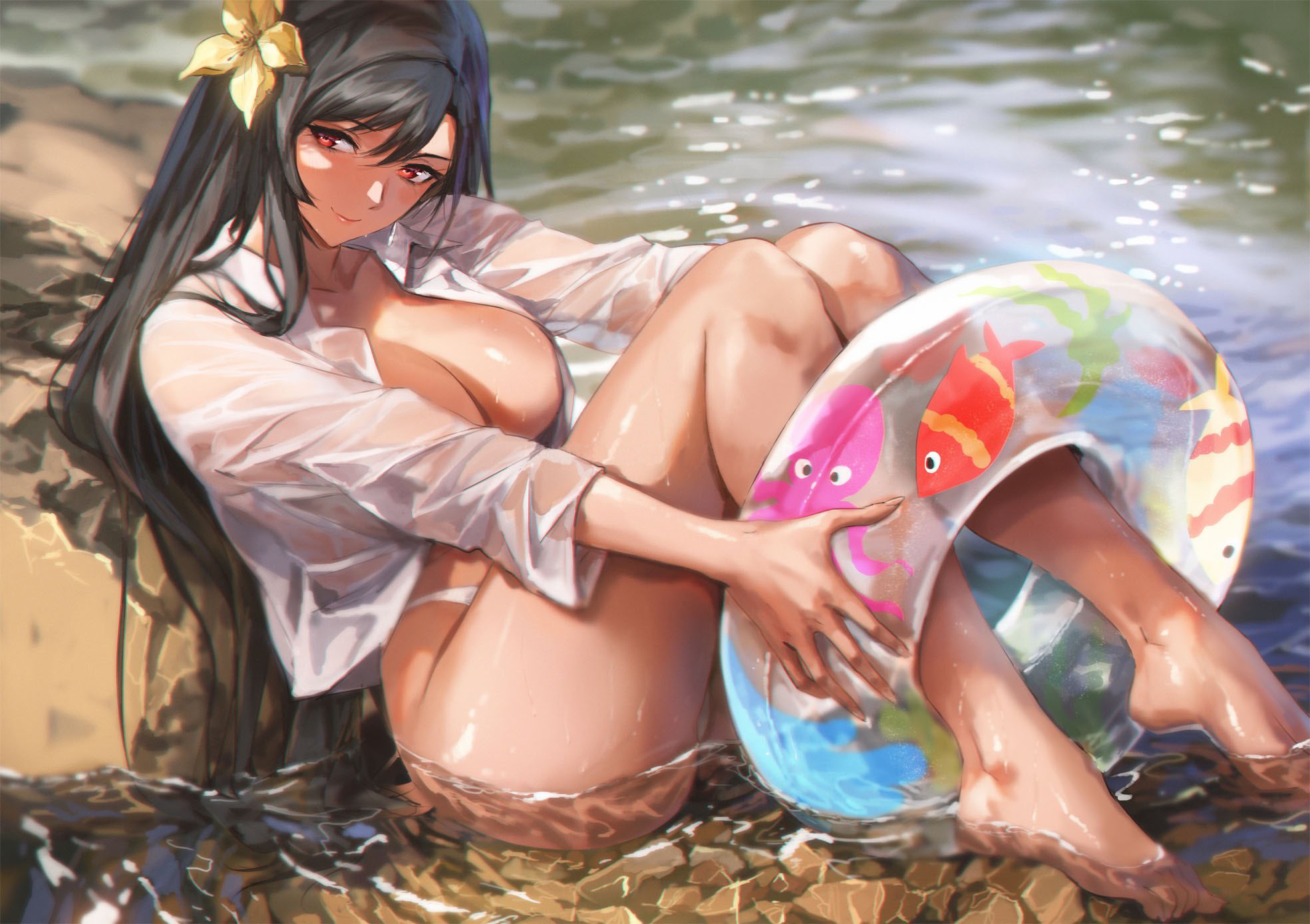 2d (artwork), ass, beach, big breasts, breasts, brown hair, cute, female, female only, final fantasy, final fantasy vii, final fantasy vii remake, flower in hair, inflatable ring, looking sideways, red eyes, see-through clothing, sensual, sideboob, smirking, spykeee, thick thighs, tifa lockhart, wet clothes, wet feet