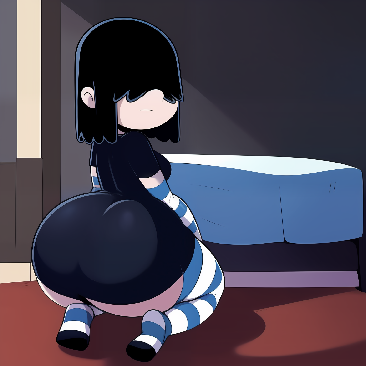aged up, ai generated, ass, big ass, big butt, black hair, black shirt, female, looking at viewer, looking back, lucy loud, nickelodeon, seaart.ai, striped, striped clothing, the loud house