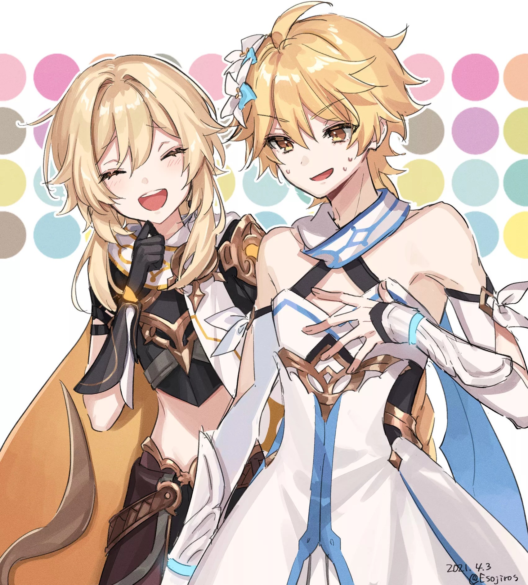 1boy, 1girls, aether (genshin impact), blonde hair, crossdressing, female, femboy, funny, genshin impact, light skin, light-skinned female, light-skinned male, lumine (genshin impact), male, mihoyo, source request, tagme