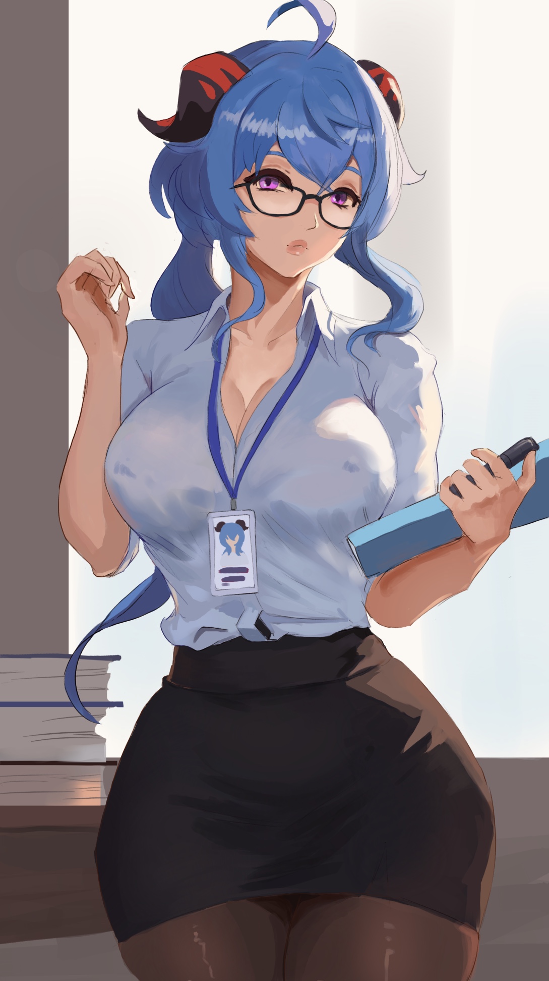 1girls, 2023, ahoge, big breasts, blue hair, breasts, female, female only, ganyu (genshin impact), genshin impact, glasses, hi res, horns, id card, long hair, looking at viewer, nipple bulge, office lady, pantyhose, pencil skirt, purple eyes, shirt, skirt, solo, thats-lewdacris