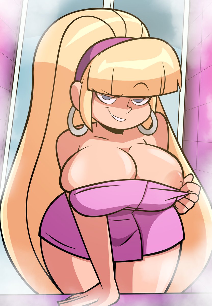 1girls aged_up areolae bent_over big_breasts blonde_hair blue_eyes curvy earrings female_only gravity_falls grimphantom hand_support huge_breasts huge_hips light-skinned_female light_skin nipple pacifica_northwest pink_background pink_towel shower smile smirk steam thick_thighs tile_wall tiles towel towel_only very_long_hair wide_hips