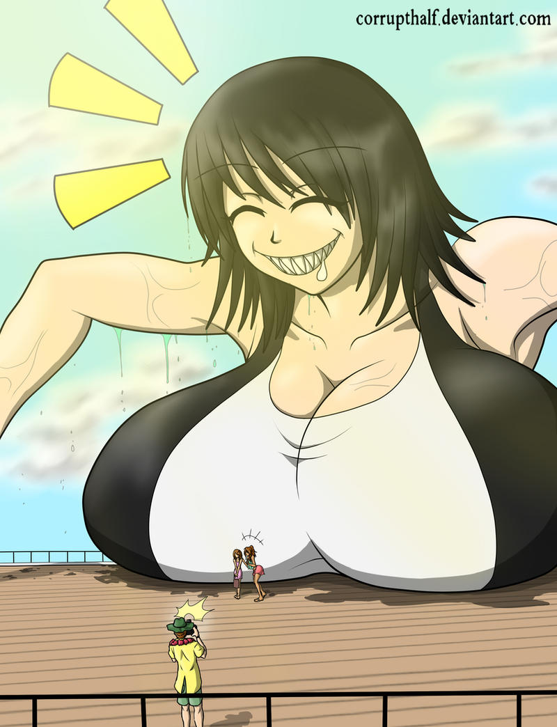 1boy 2011 3girls big_breasts black_hair breast_bigger_than_head breasts camera cora_(the_english_gent) corruptking family large_breasts light-skinned_female light-skinned_male light_skin ocean original original_character sharp_teeth short_hair smile smiling taking_picture wet wet_body