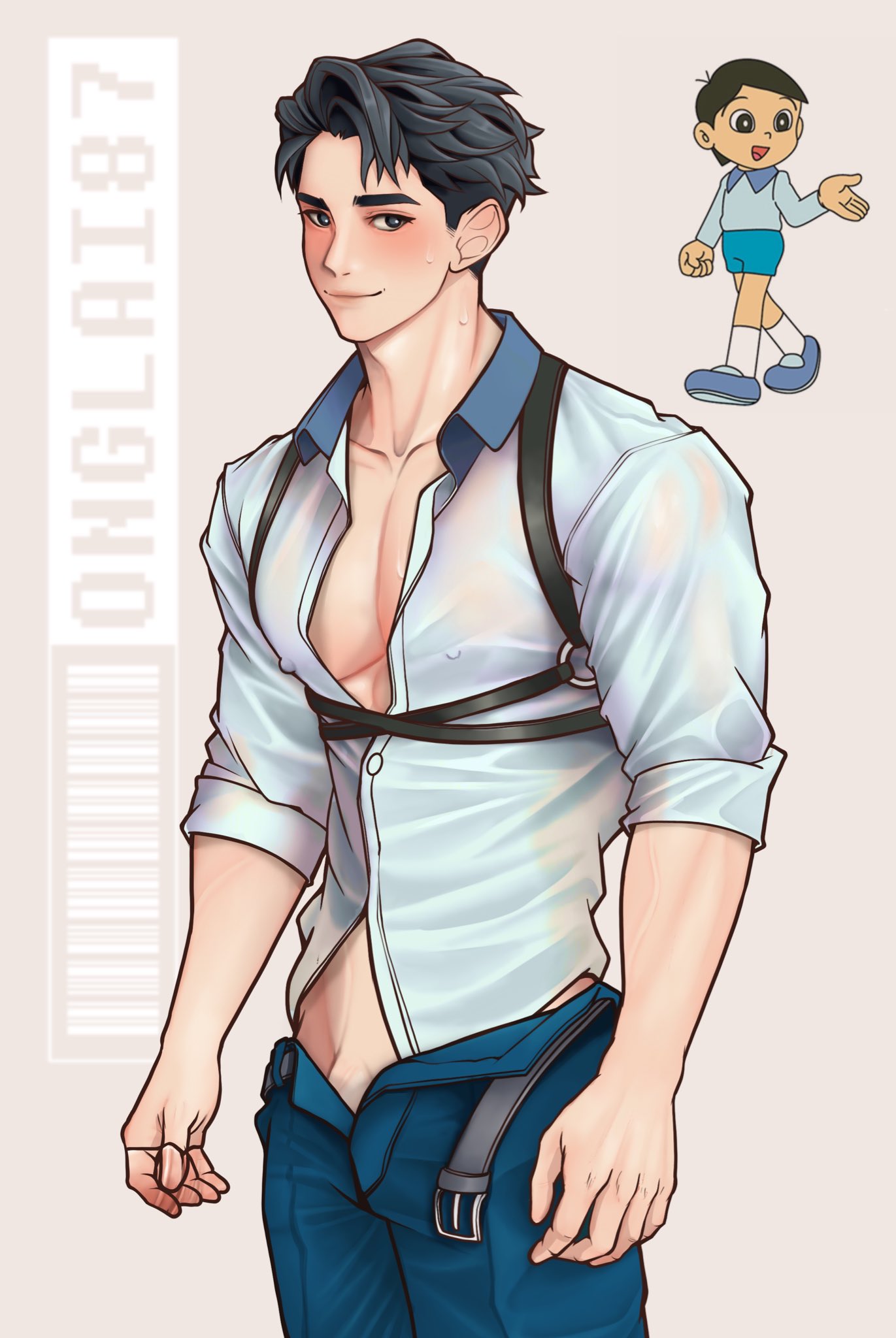 aged_up blue_pants blush clothed clothed_male dark_hair dekisugi_hidetoshi doraemon looking_at_viewer male male_only muscular_male nipple_bulge onglai87 open_shirt pecs shirt solo strap-on unbuckled_belt unbuttoned_pants unzipped_pants white_shirt