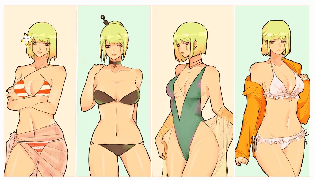 bikini black_bikini blonde_hair bob_cut choker cleavage crossed_arms facial_scar female female_only flower_in_hair gintama hoodie kunai looking_at_viewer medium_breasts multiple_outfits off_shoulder one-piece_swimsuit sarong scar short_hair shouinoue striped_bikini swimsuit tied_hair tsukuyo white_bikini