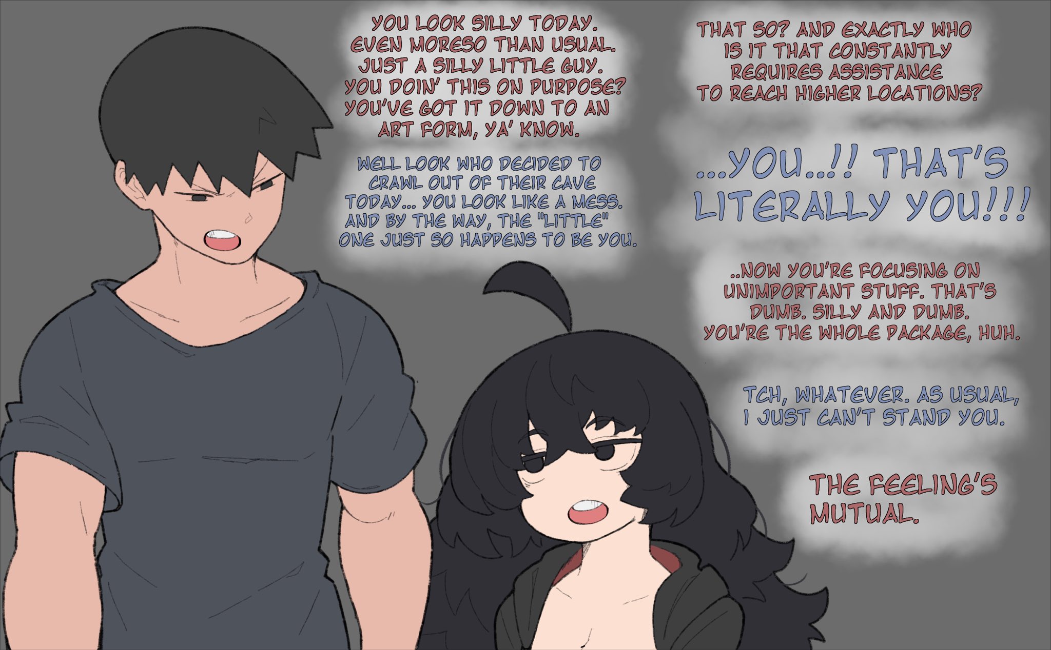 1boy, 1girls, 2023, annoyed, annoyed expression, black eyes, black hair, dialogue, duo, duo focus, english text, female, fully clothed, grey background, larger male, long hair, looking at partner, male, original, original character, short hair, size difference, smaller female, talking to partner, text, vammzu