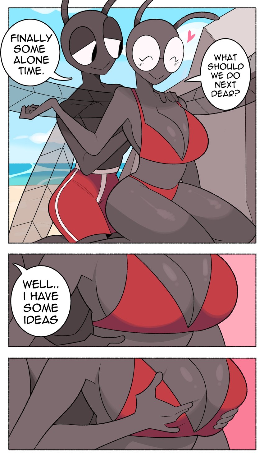 anthro beach behind_rock cute glasses grabbing_breasts happy_people holly_(idolomantises) idolomantises married_couple red_bra red_swimwear tired_eyes wings