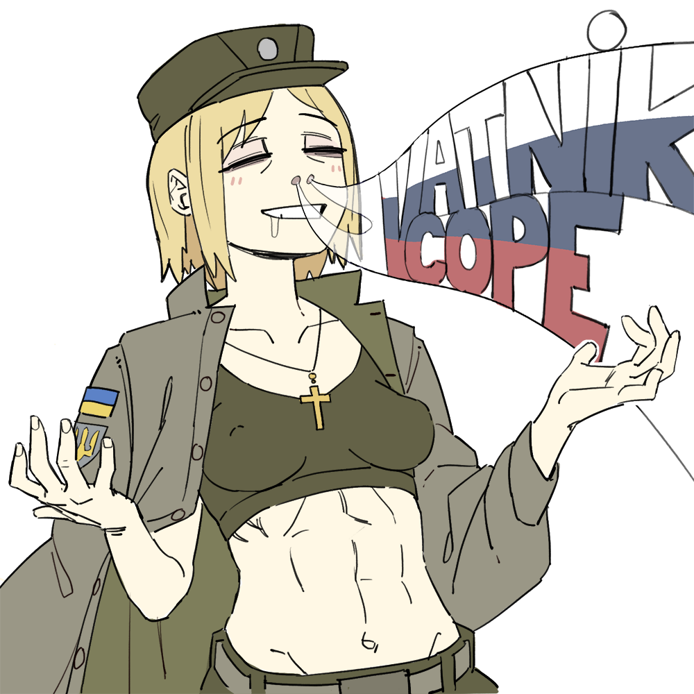 azov_chan crop_top eastern_european marichka military_uniform national_personification nipples_visible_through_clothing political political_cartoon slavic tagme ukraine ukrainian