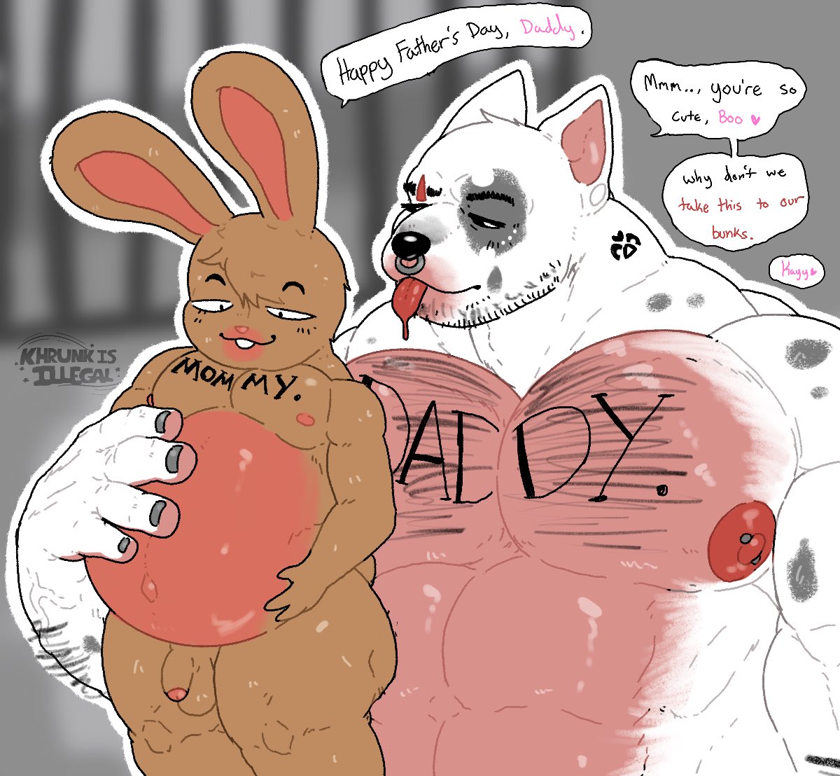 2boys canid canine canis daddy_kink dialogue domestic_dog english_text genitals girly hard_on_jean_(khrunkisillegal) hunting_dog jenny_(khrunkisillegal) khrunkisillegal lagomorph larger_male leporid male male/male mammal nipple_piercing nipples penis piercing pregnant pregnant_male prison rabbit size_difference smaller_male tattoo terrier text