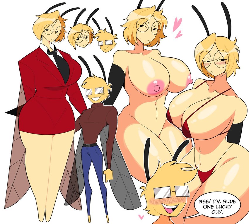 bea_(idolomantises) bee big_breasts black_gloves black_tie bud_(idolomantises) dark_brown_sweater feelers glasses grumpy idolomantises pink_nipples red_bra red_panties red_suit short_male taller_girl thick_thighs wings