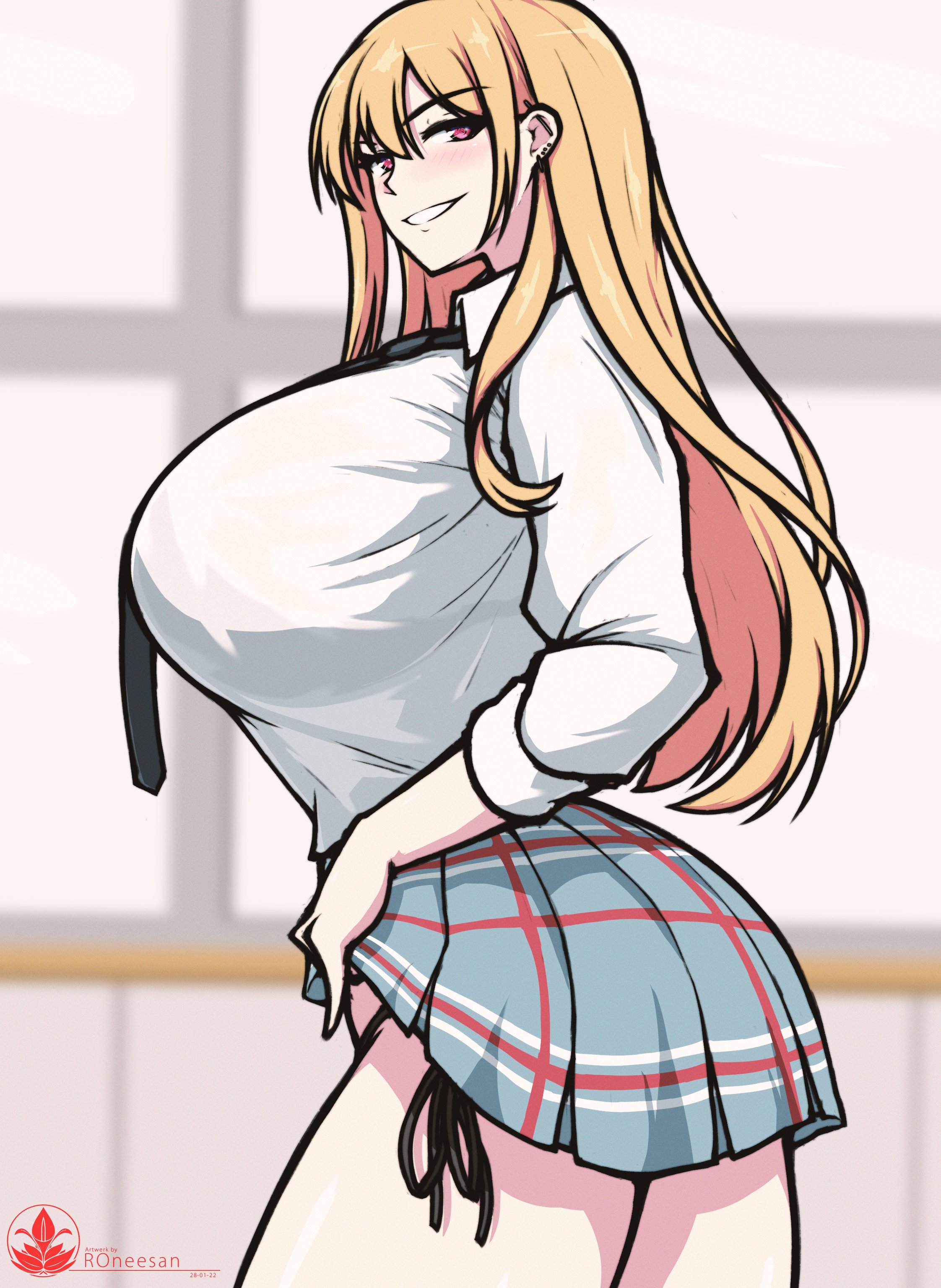 1girls, asking for sex, blonde hair, breasts, clothed female, female, female only, hyper breasts, kitagawa marin, massive breasts, pink eyes, roneesan, solo, sono bisque doll wa koi wo suru, tie, white shirt