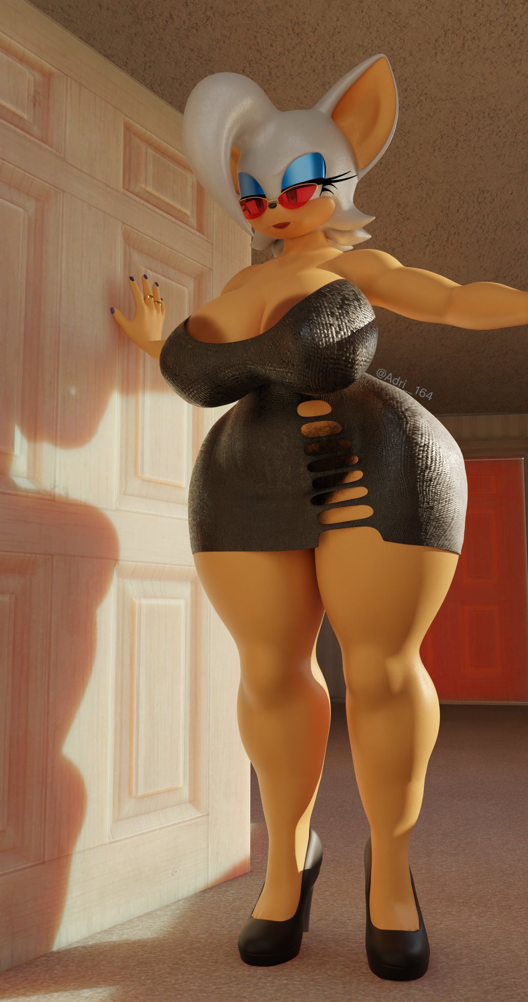 3d, 3d model, adri164, areolae, breasts, coel3d, dress, female, jewelry, large breasts, mobian, mobian (species), mobian bat, pubes, red-tinted eyewear, ring, ripped clothing, rouge the bat, rouge the bat (coel3d), sega, sonic (series), sonic adventure 2, sonic the hedgehog (series), sunglasses, tagme, tinted eyewear