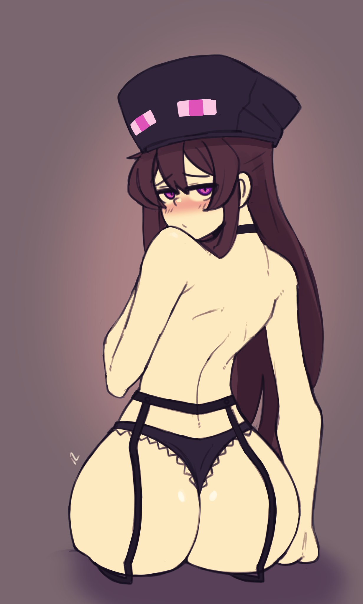 1girls ander blush blushing brown_hair choker docecaedrus enderman enderwoman female female_only garter_belt garter_straps hat light-skinned_female light_skin long_hair minecraft mob_talker panties personification purple_eyes shy tagme thong topless topless_female