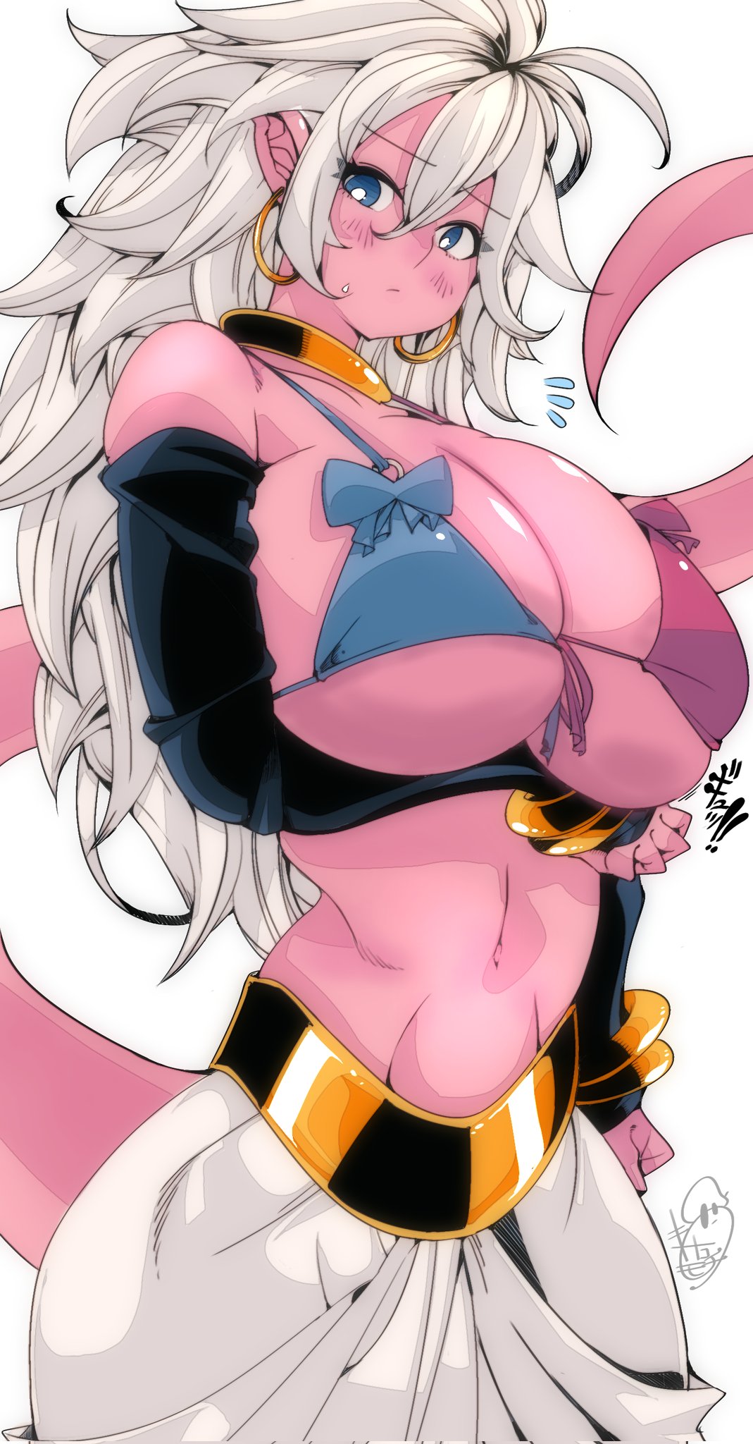 1girls, android, android 21, arc system works, bandai namco, belly button, big breasts, bikini, bikini top, blue eyes, blue ribbon, blush, bracelets, breasts, clothed, dragon ball, dragon ball fighterz, earrings, elbow gloves, fanart, female, gold jewelry, gold trim, large breasts, long hair, majin android 21, messy hair, omochi db, pink body, red ribbon, silver hair, voluptuous, voluptuous female, vomi (dragon ball)
