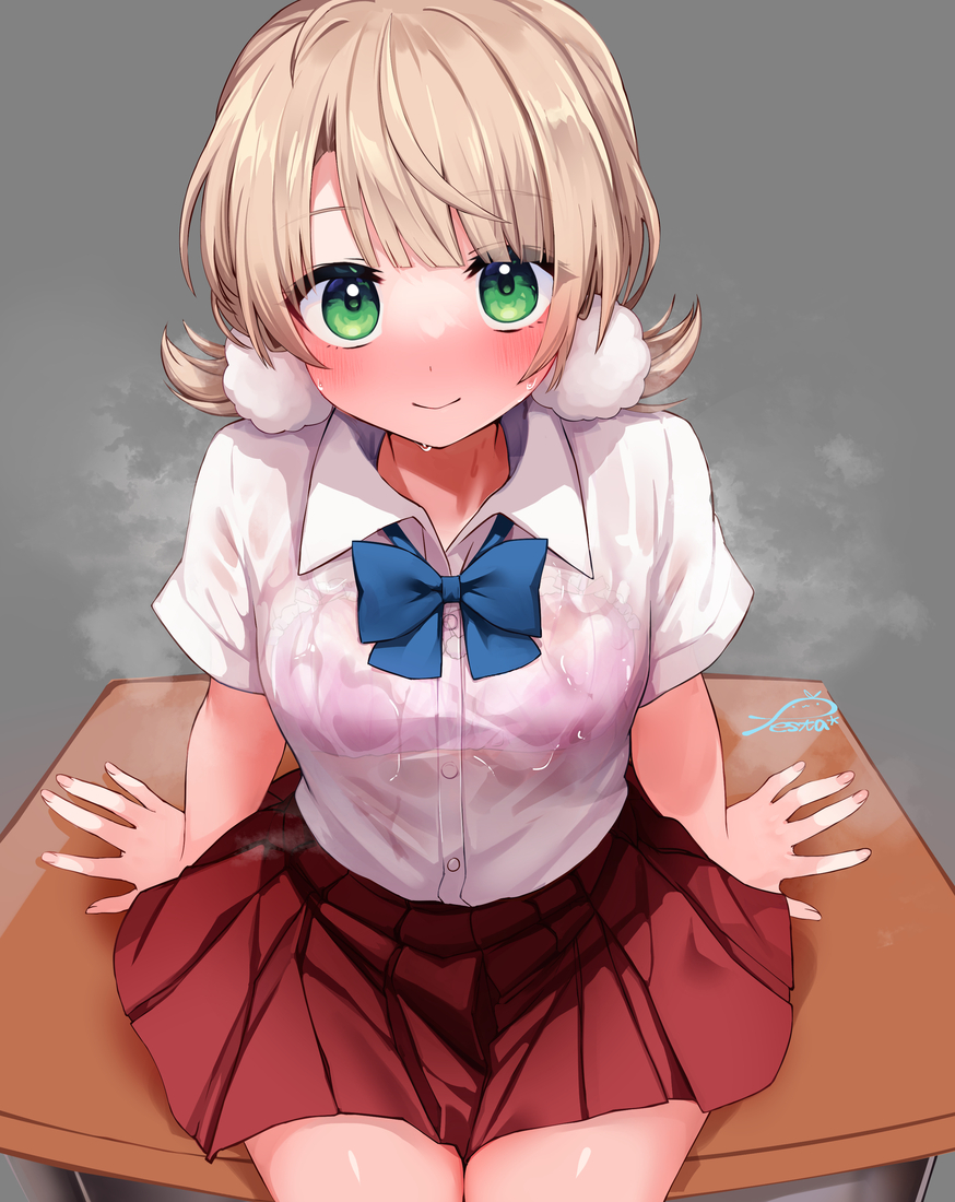 1girls bangs blonde_hair blush bra_visible_through_clothes female festa11307070 fumes green_eyes indie_virtual_youtuber light_skin light_smile pink_fingernails school_uniform see-through_clothing shigure_ui_(vtuber) signature sitting skirt small_breasts solo steam stinky sweat sweaty_clothes virtual_youtuber white_skin