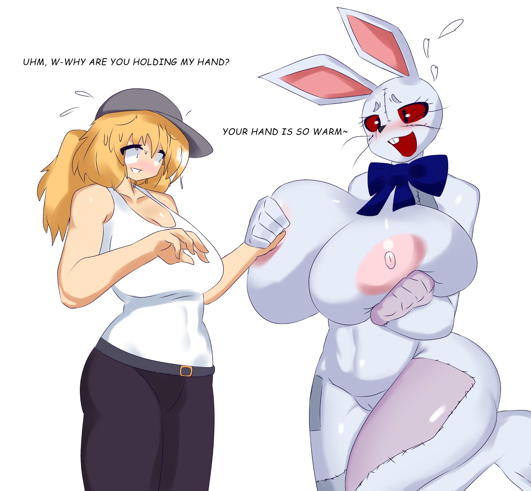 2girls, animal ears, animal humanoid, blonde hair, blush, breasts, bunny girl, cute, dialogue, female, female only, five nights at freddy's, five nights at freddy's: security breach, fur, fur breasts, fur thick thighs, furry, hand on breast, heart symbol, holding breast, huge breasts, human, hyper breasts, multiple females, multiple girls, red eyes, selfcest, surprised, tagme, tha randomu, vanessa (fnaf), vanny (fnaf), yuri