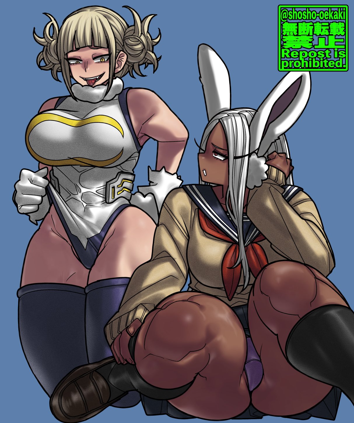 2girls big_breasts blonde_hair boku_no_hero_academia clothing_swap costume_switch dark-skinned_female dark_skin female female_only himiko_toga himiko_toga_(cosplay) huge_breasts large_breasts light-skinned_female light_skin long_hair looking_at_another miruko miruko_(cosplay) my_hero_academia panties red_eyes shosho_oekaki thick_thighs thighhighs thighs toga_himiko upskirt usagiyama_rumi white_hair wide_hips yellow_eyes