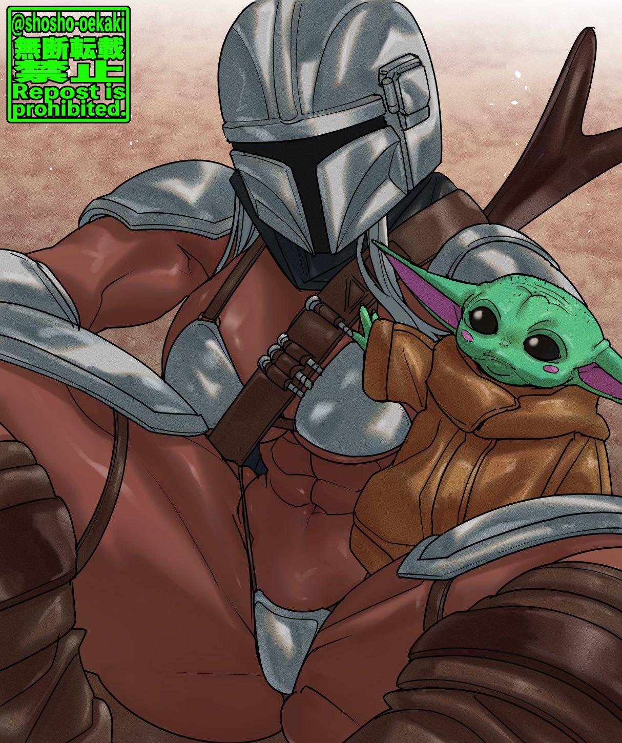 1girls abs absurd_res armor armored_bikini big_breasts cosplay crossover dark-skinned_male dark_skin grogu helmet huge_breasts large_breasts mandalorian mandalorian_armor mandalorian_helmet mirror miruko my_hero_academia navel rumi_usagiyama shosho_oekaki star_wars thick_thighs thighs wide_hips yoda's_species