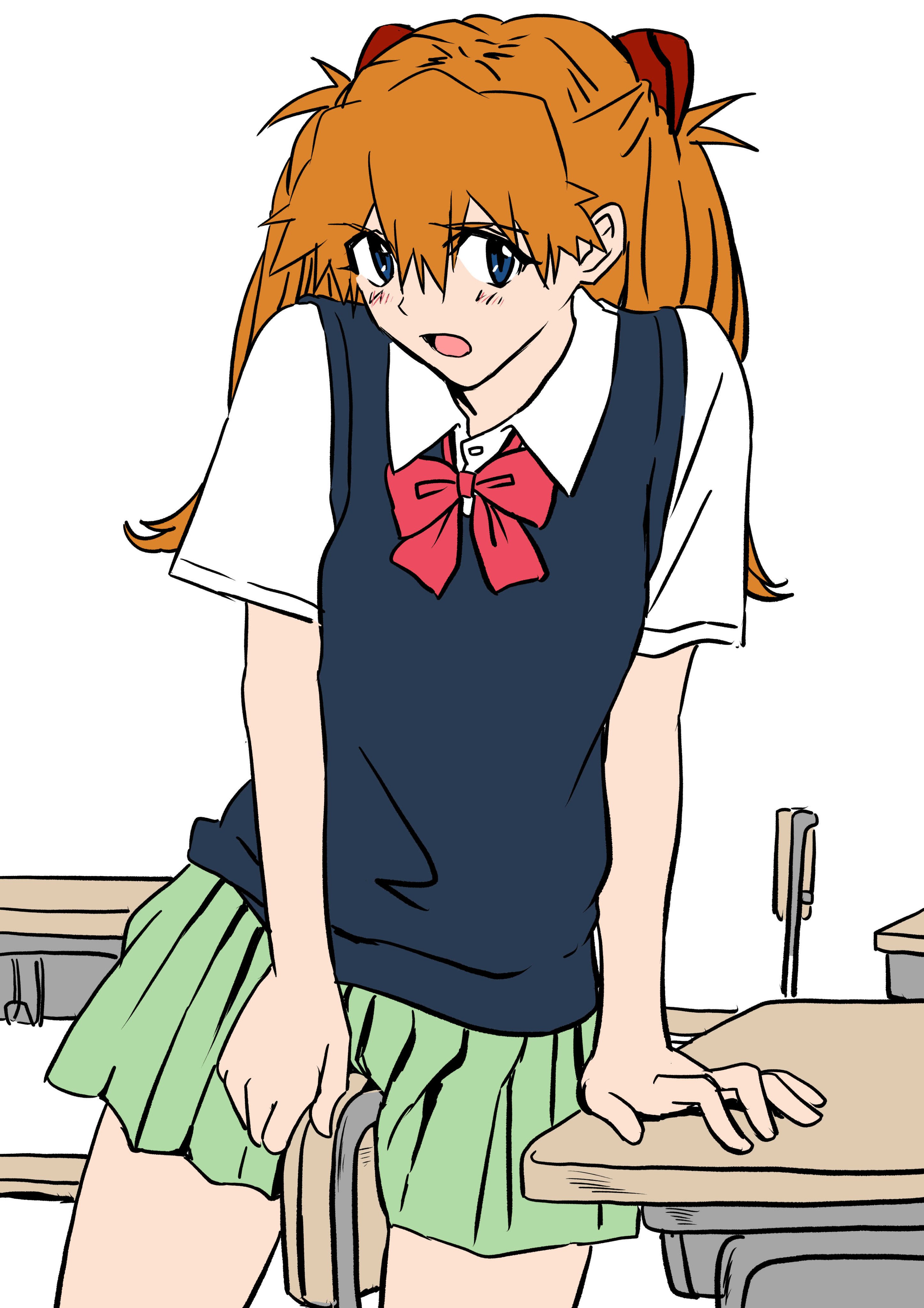 5rjgl0hk3535597, asuka langley sohryu, blush, chair, classroom, female, female only, fully clothed, gainax, grinding, masturbation, neon genesis evangelion, school uniform, skirt, yuutaku1618