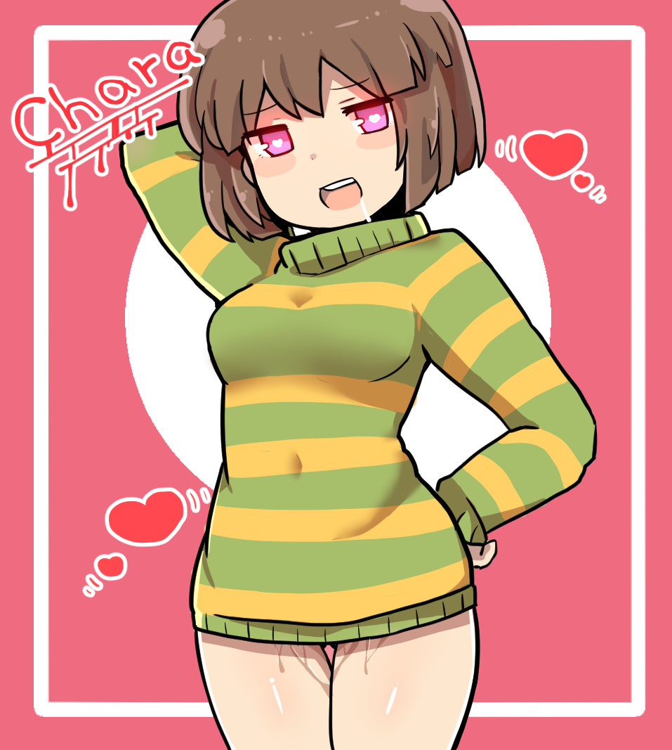 2d 2d_(artwork) 2d_artwork :d aged_up arm_behind_head aroused ass_visible_through_thighs blunt_ends blush blush_stickers bob_cut border breasts bright_pupils chara character_name color commentary covered_navel cowboy_shot drooling english english_text female glowing glowing_eyes green_sweater hand_on_own_hip hasso_(goodbad963) heart heart-shaped_pupils looking_at_viewer lowered_eyelids motion_lines no_pants outside_border pink_background pink_eyes pussy_juice saliva short_hair small_breasts smile solo standing striped striped_sweater sweater symbol-shaped_pupils teeth text thigh_gap two-tone_background undertale undertale_(series) upper_teeth_only white_background white_border white_pupils yellow_sweater