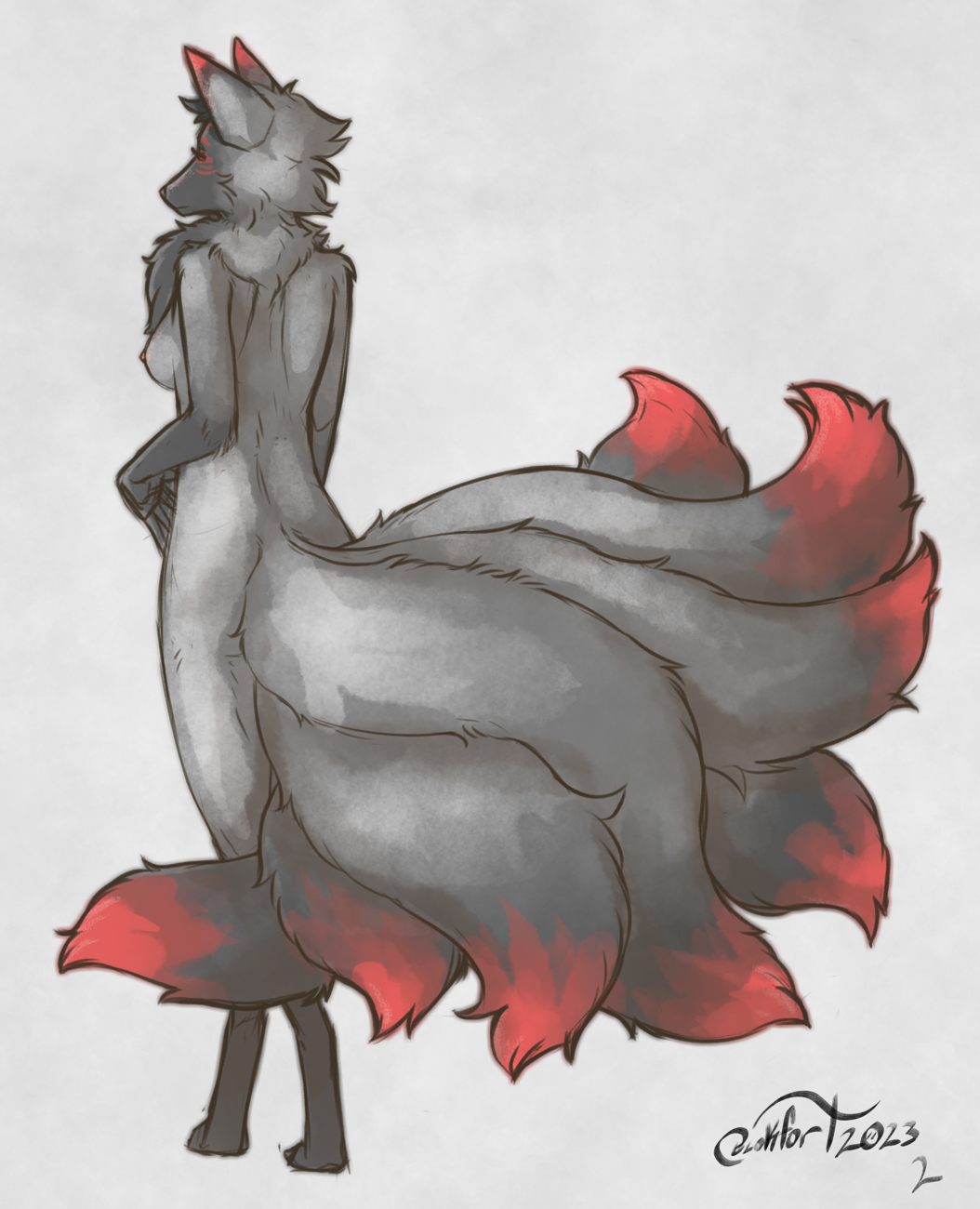 2023 black_body black_fur blokfort breasts canid canine female fox fur grey_body grey_fur hi_res mammal multi_tail nipples nude red_body red_fur simple_background standing tail